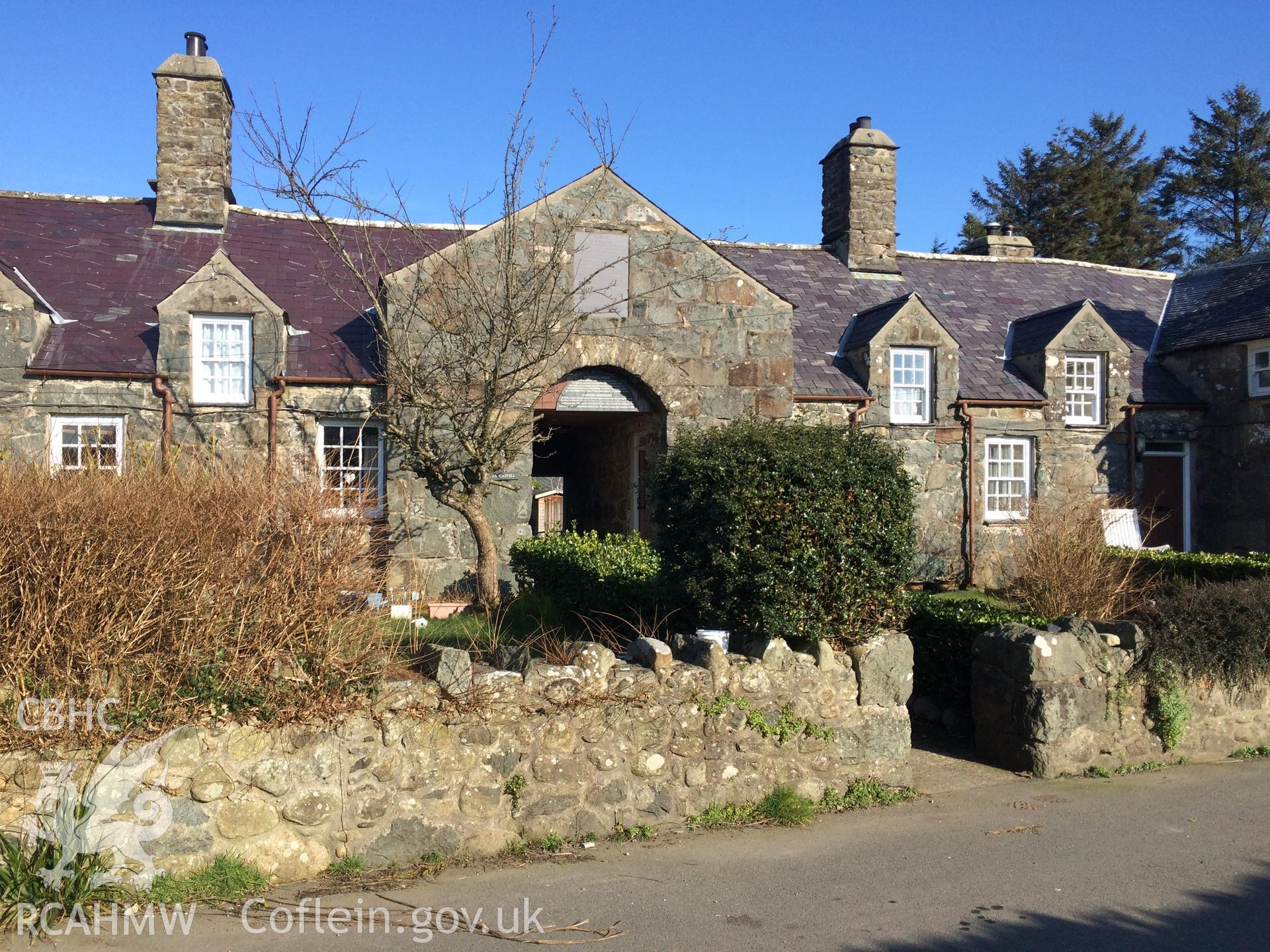 Colour photo showing view of Elusendai Price/ Charles Jones' Almshouses, Llangybi taken by Paul R. Davis, 28th February 2018.