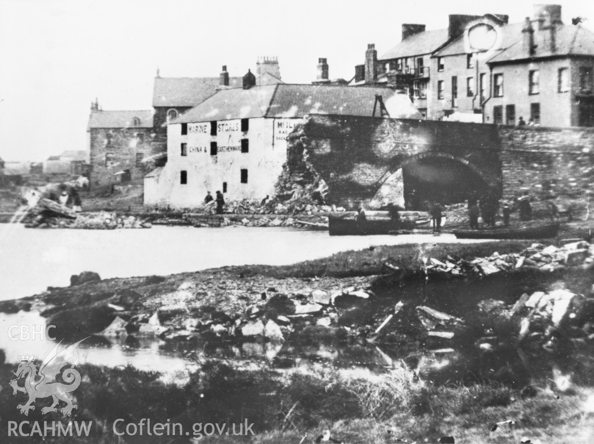 Digital copy of a black and white image showing Old Trefechan Bridge, Aberystwyth.