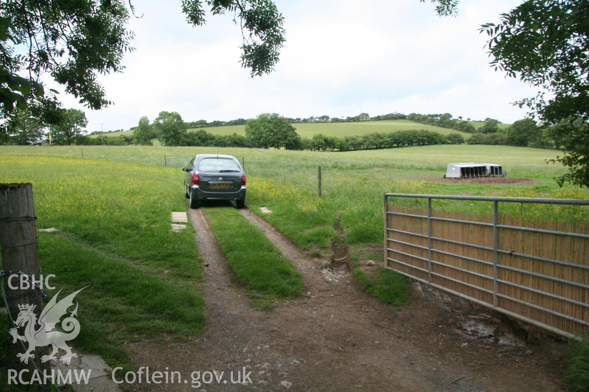 View from site entrance (looking north). Castell y Gaer is on summit of high ground on horizon. Photographed for Archaeological Appraisal of Land at Llethrach Newydd, Llysonnen Road, Bancyfelin, Carmarthenshire, carried out by Archaeology Wales, 2015.