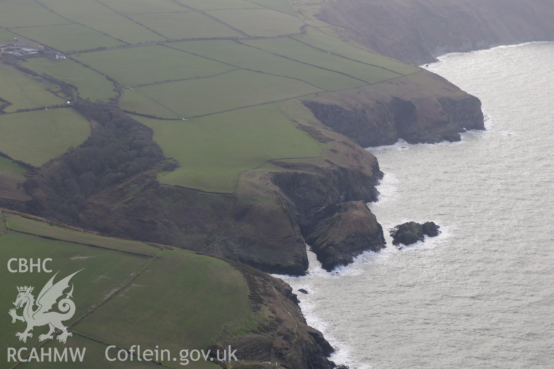 Castell Treruffydd, near Moylgrove, Cardigan. Oblique aerial photograph taken during the Royal Commission's programme of archaeological aerial reconnaissance by Toby Driver on 13th March 2015.