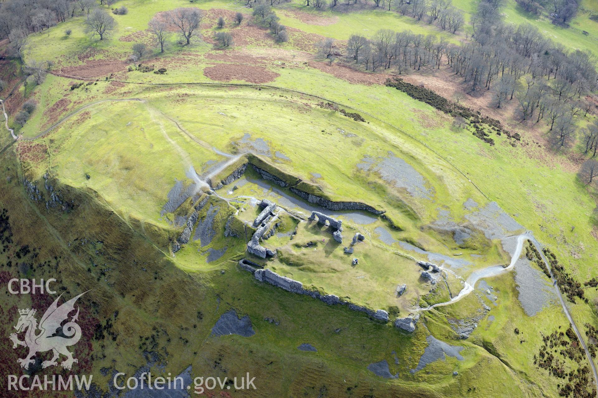 Castell Dinas Bran ruined castle and earthwork enclosure, east of Llangollen. Oblique aerial photograph taken during the Royal Commission?s programme of archaeological aerial reconnaissance by Toby Driver on 28th February 2013.