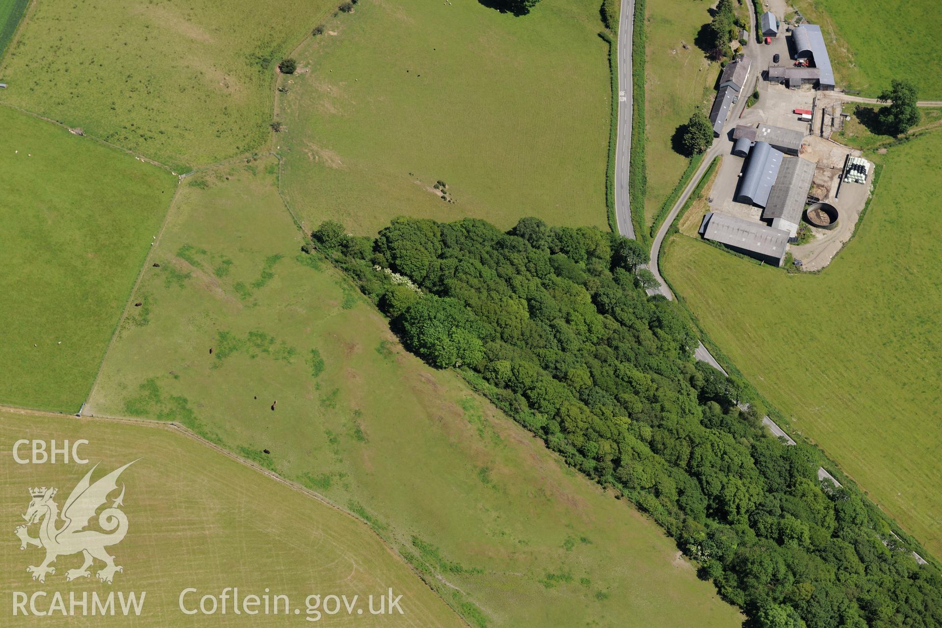 Coed-Parc Gaer, Llangybi. Oblique aerial photograph taken during the Royal Commission's programme of archaeological aerial reconnaissance by Toby Driver on 30th June 2015.