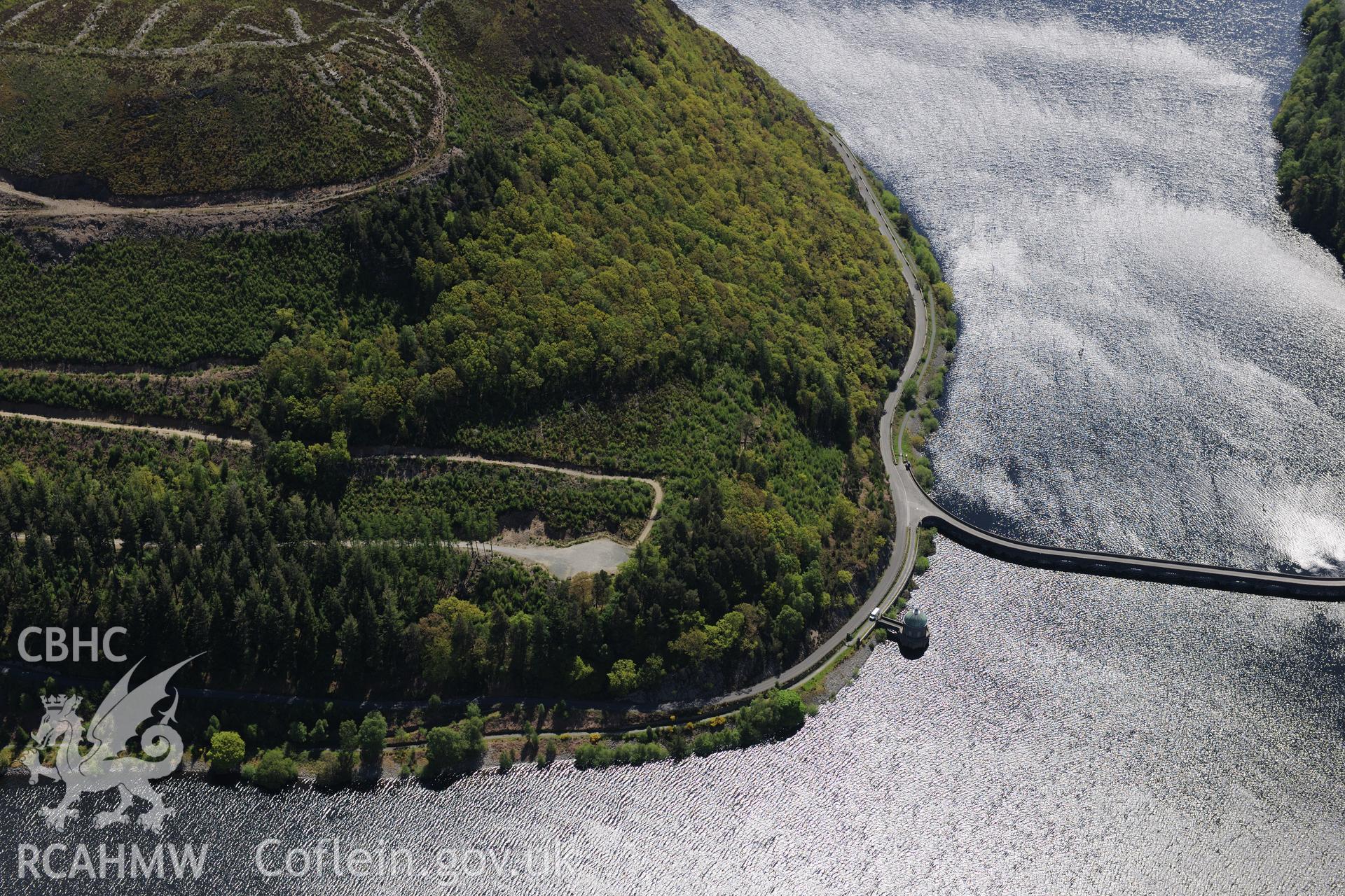 Garreg-Ddu dam, valve and reservoir and Coed-y-Foel pill boxes at the Elan Valley water scheme. Oblique aerial photograph taken during the Royal Commission's programme of archaeological aerial reconnaissance by Toby Driver on 3rd June 2015.