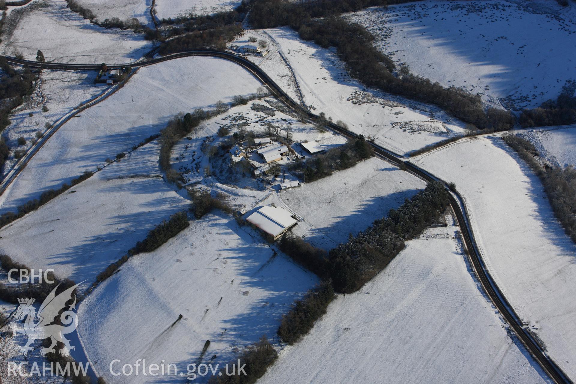 Colwyn Castle, the Roman fort at Colwyn Castle and Fforest farm, Glascwm, north east of Builth Wells. Oblique aerial photograph taken during the Royal Commission?s programme of archaeological aerial reconnaissance by Toby Driver on 15th January 2013.