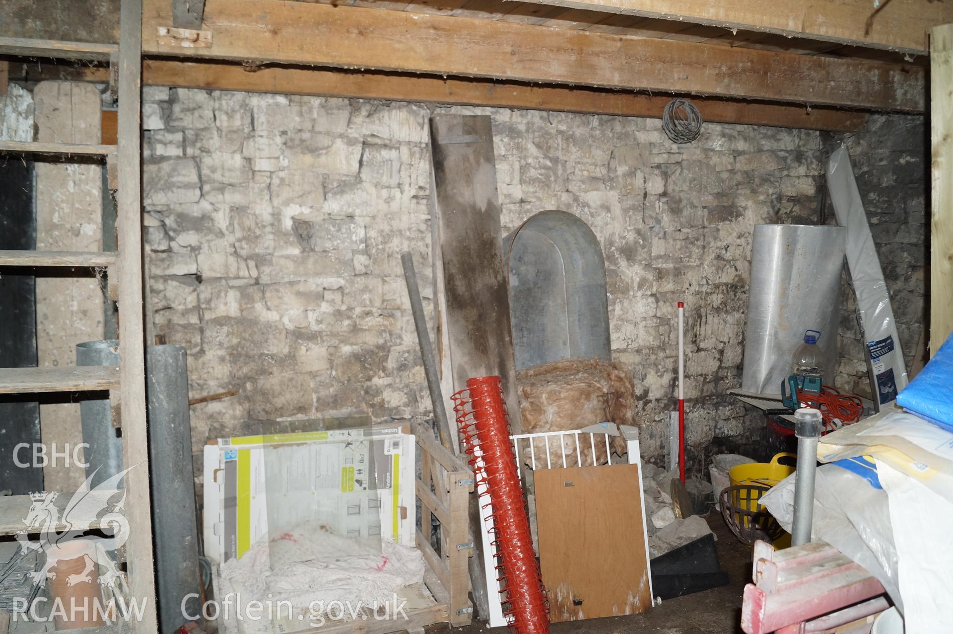 'Internal view looking west at the western wall of barn' at Rowley Court, Llantwit Major. Photograph & description by Jenny Hall & Paul Sambrook of Trysor, 25th May 2017.