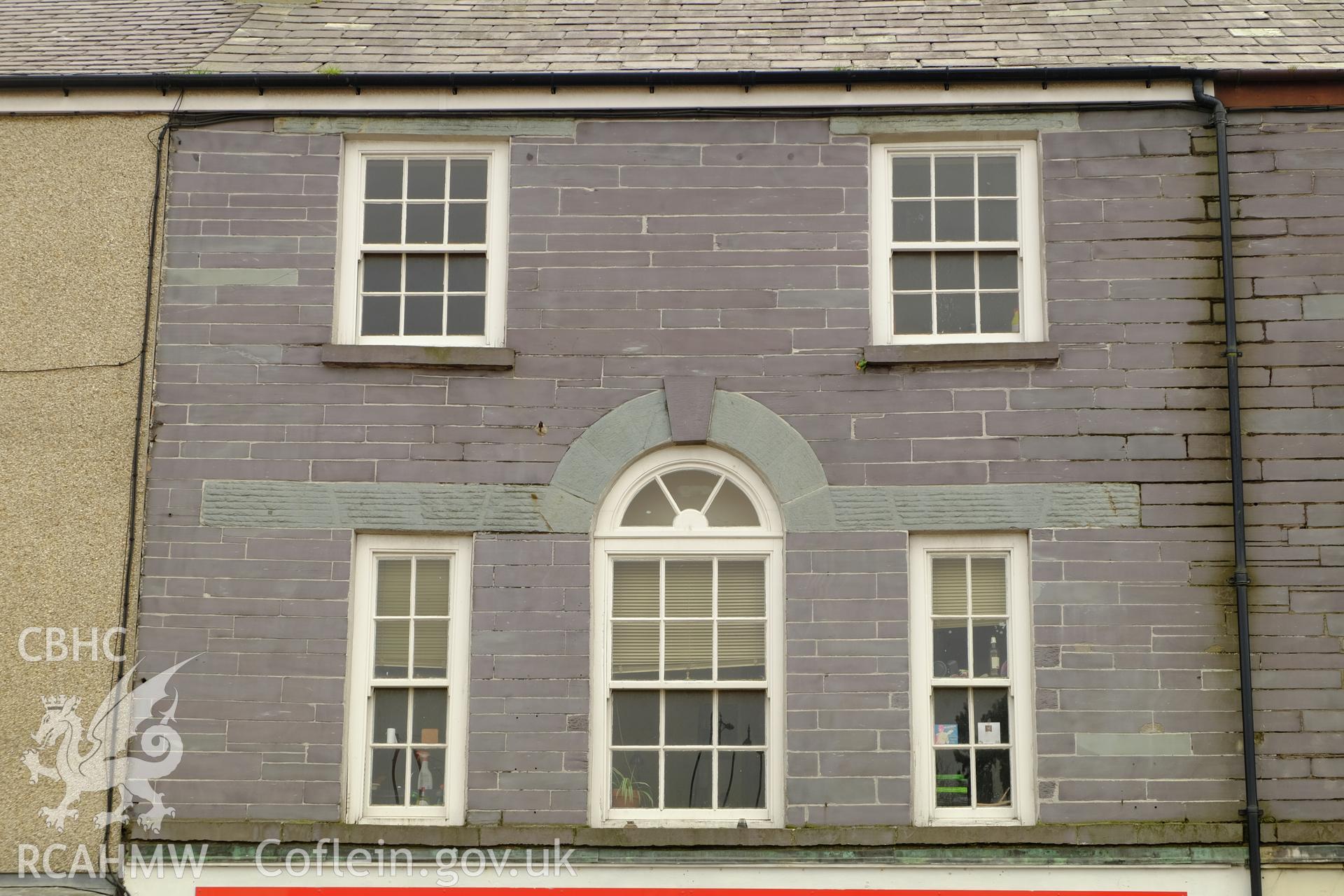 Colour photograph showing view of the fa?ade at first and second floor levels of 2 Ogwen Terrace, Bethesda, produced by Richard Hayman 7th March 2017