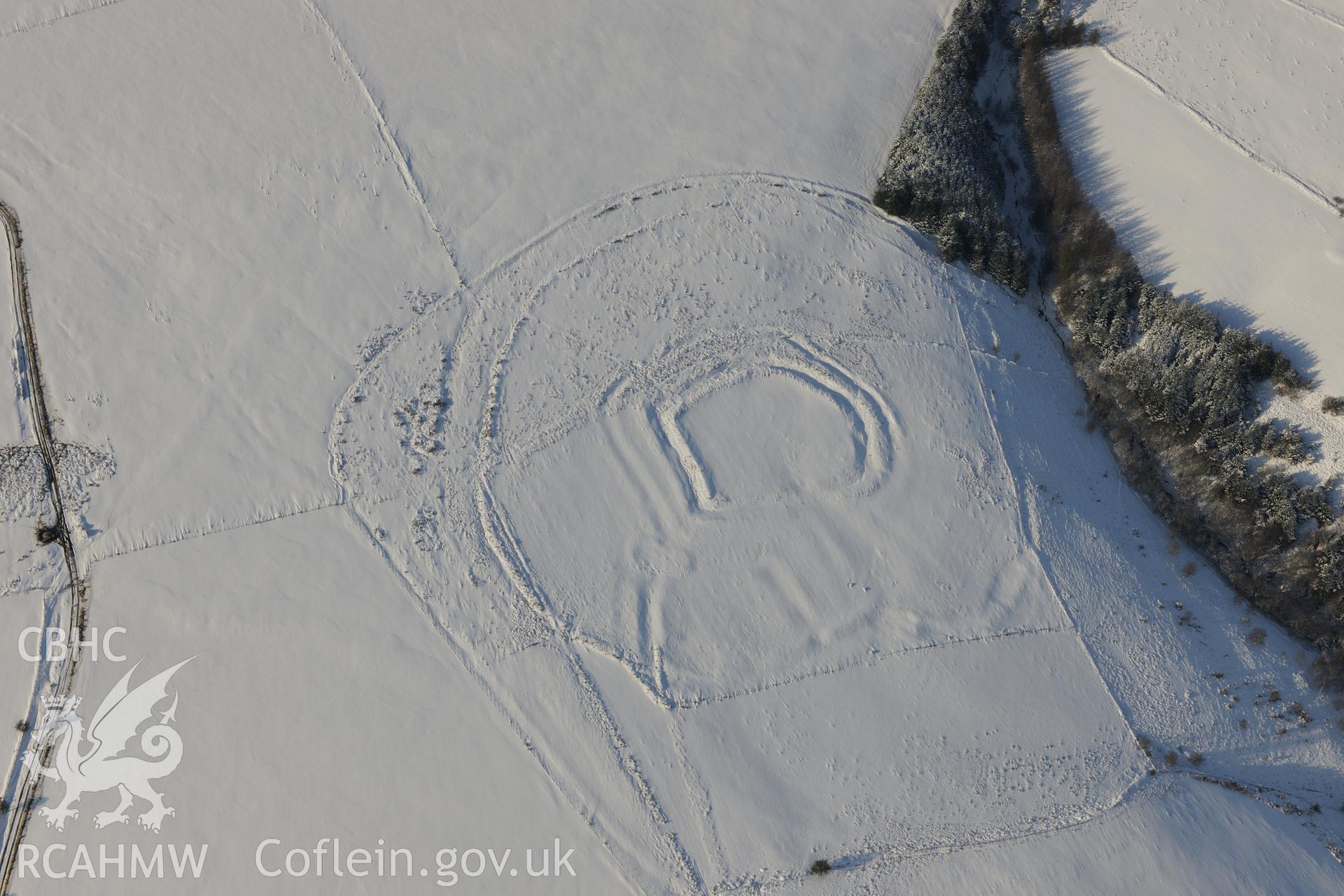 Y Bwlwarcau hillfort, on the eastern edge of Margam Forest, south of Maesteg. Oblique aerial photograph taken during the Royal Commission?s programme of archaeological aerial reconnaissance by Toby Driver on 24th January 2013.