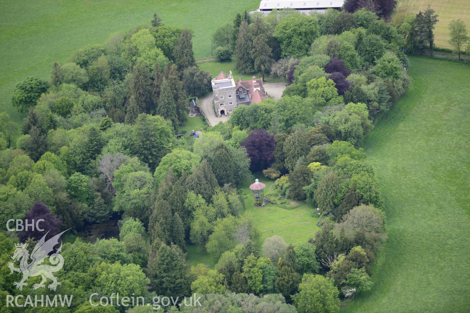 Maes-y-Crugiau Manor and Gardens, Llanllwni. Oblique aerial photograph taken during the Royal Commission's programme of archaeological aerial reconnaissance by Toby Driver on 3rd June 2015.