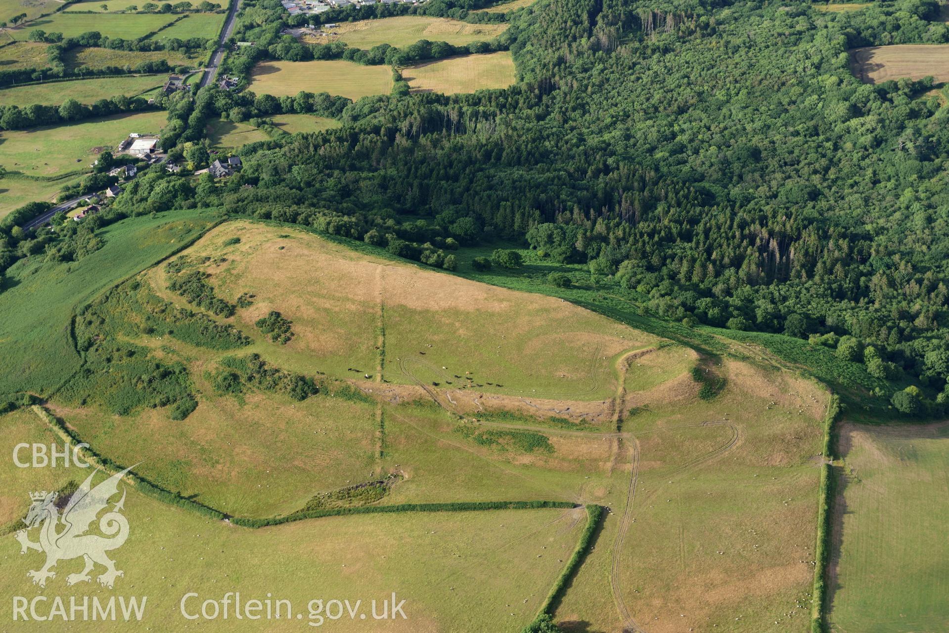 Royal Commission aerial photography of Cil Ifor top hillfort with extensive parching, and new archaeological detail, taken on 17th July 2018 during the 2018 drought.