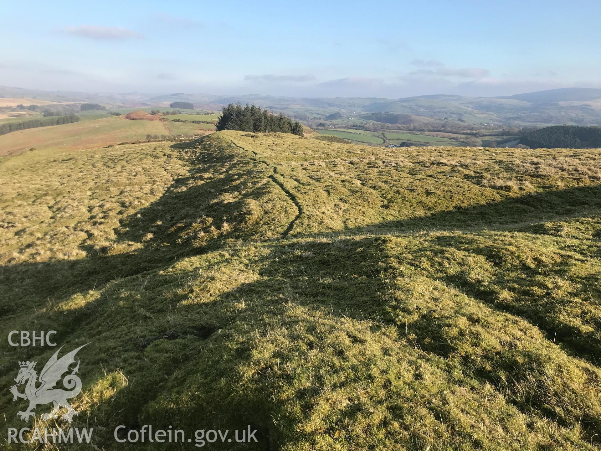 Digital colour photograph showing the northern ramparts of Y Gaer, Llanddewi Ystradenny, taken by Paul Davis on 7th February 2020.