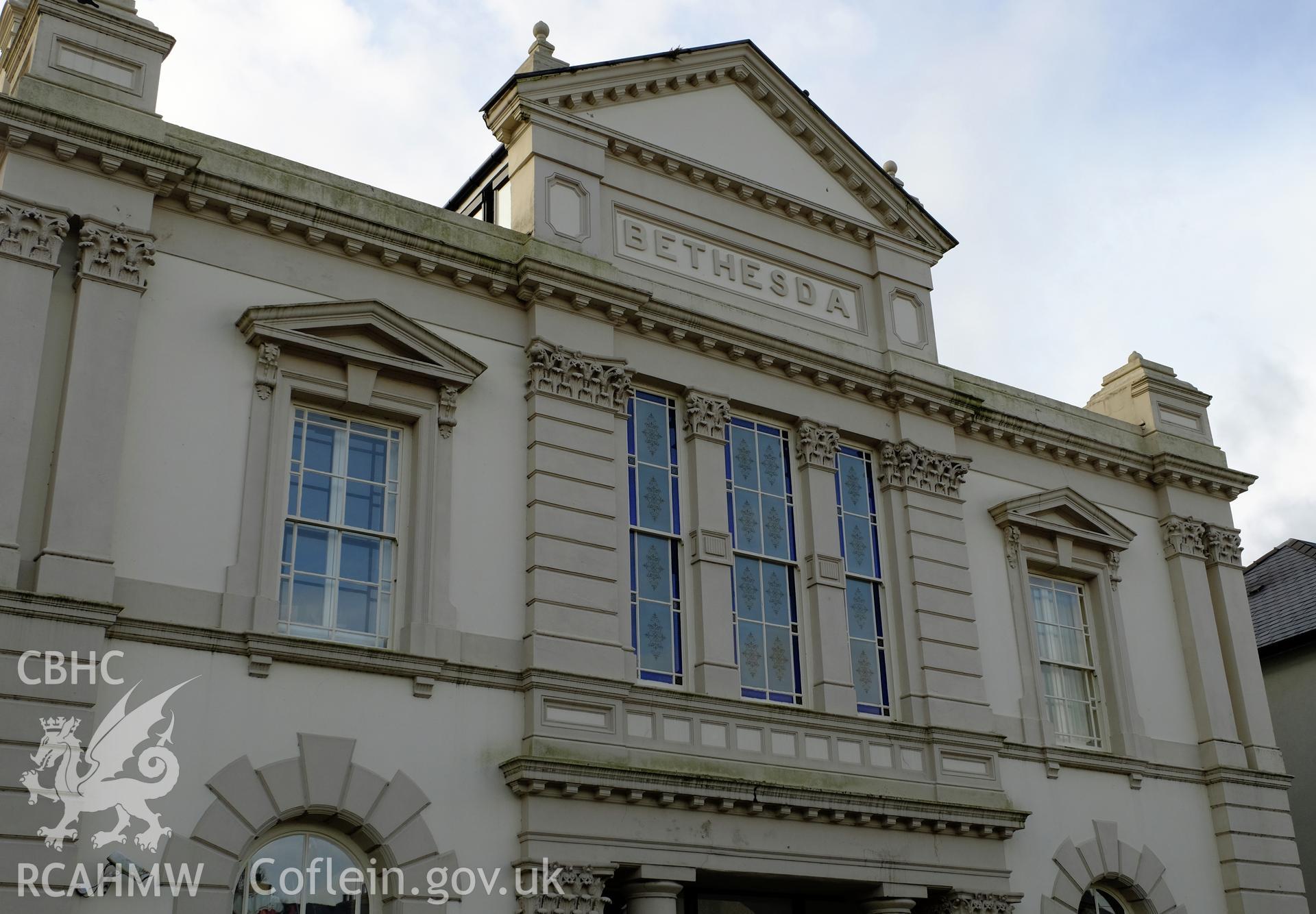 Colour photograph showing detail of facade at Bethesda Chapel, Bethesda, produced by Richard Hayman 16th February 2017