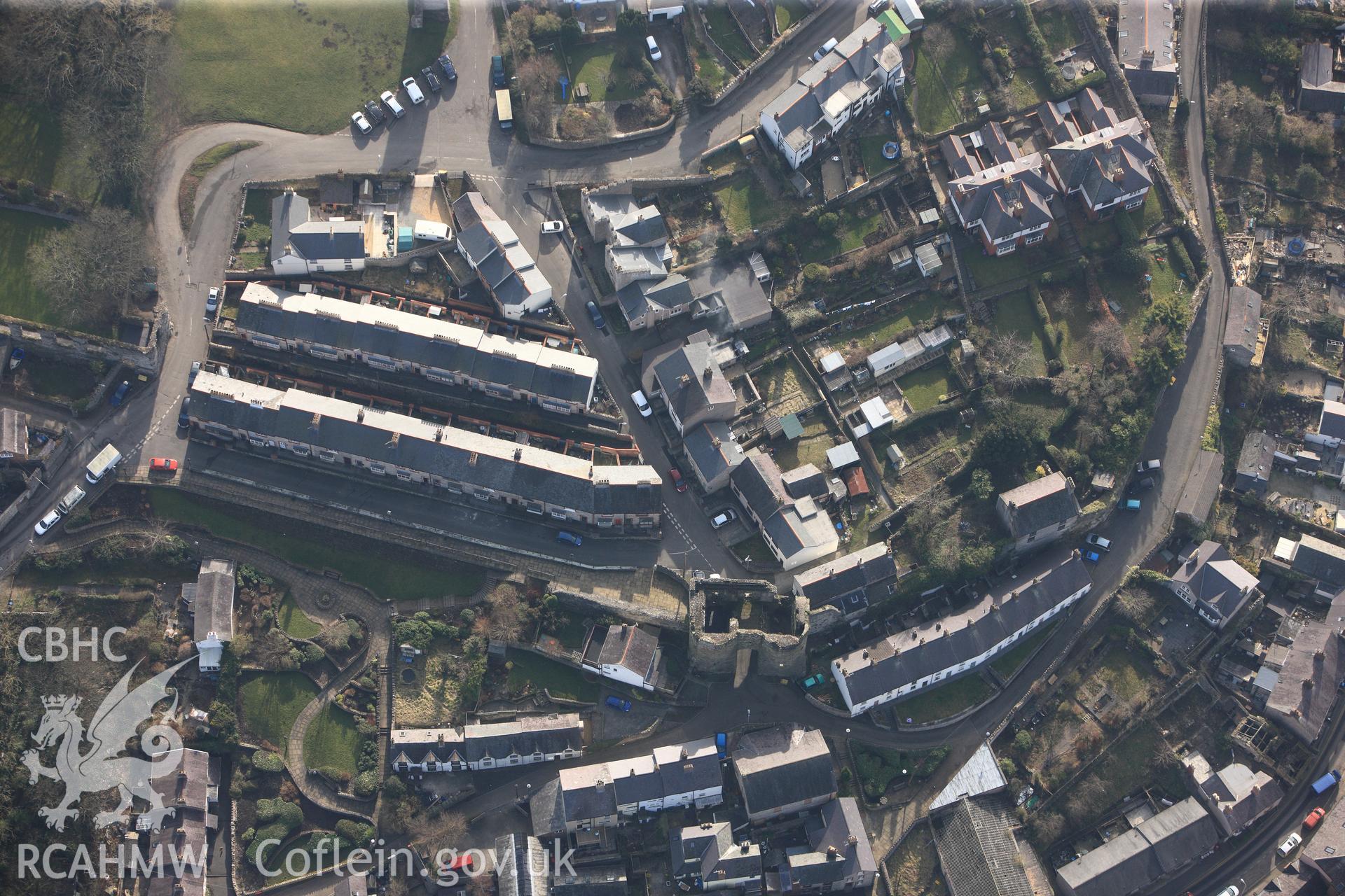 The Burgess Gate, part of Denbigh Town Walls. Oblique aerial photograph taken during the Royal Commission?s programme of archaeological aerial reconnaissance by Toby Driver on 28th February 2013.