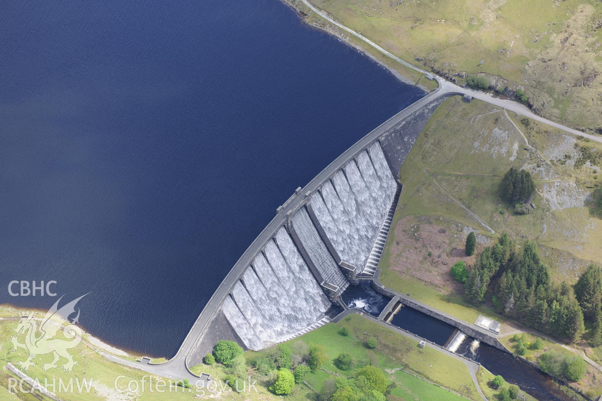 Claerwen Dam and Reservoir, Elan Valley Water Scheme. Oblique aerial photograph taken during the Royal Commission's programme of archaeological aerial reconnaissance by Toby Driver on 3rd June 2015.