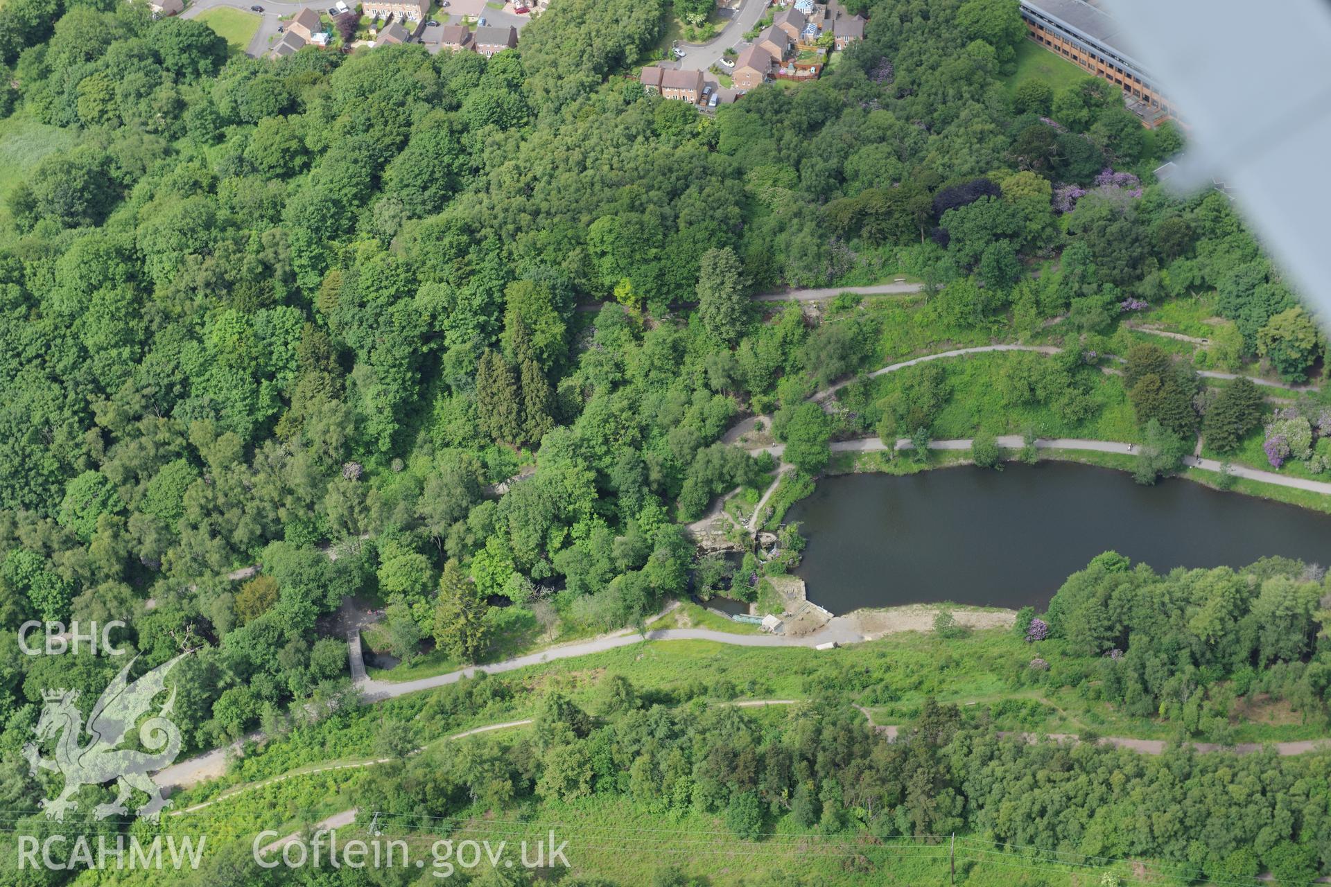 Fish Ponds at Penllergaer Park, Swansea. Oblique aerial photograph taken during the Royal Commission's programme of archaeological aerial reconnaissance by Toby Driver on 19th June 2015.