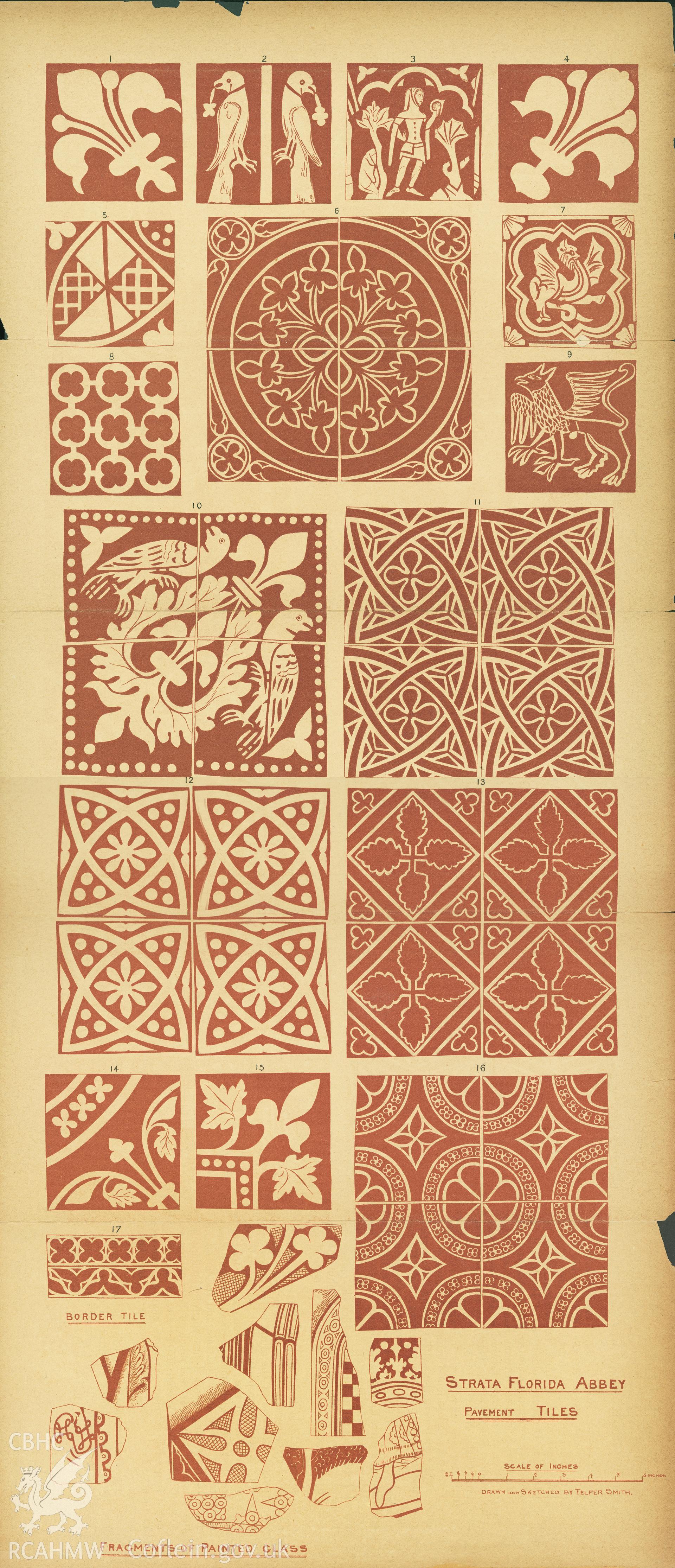 Digital copy of an image of pavement tile designs from Strata Florida Abbey from the publication  'The Cistercian Abbey of Strata Florida' by Williams.