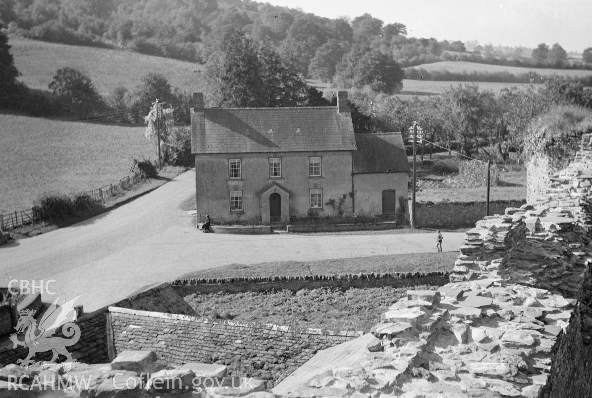 Digital copy of a nitrate negative showing view from Skenfrith Castle taken by Leonard Monroe.