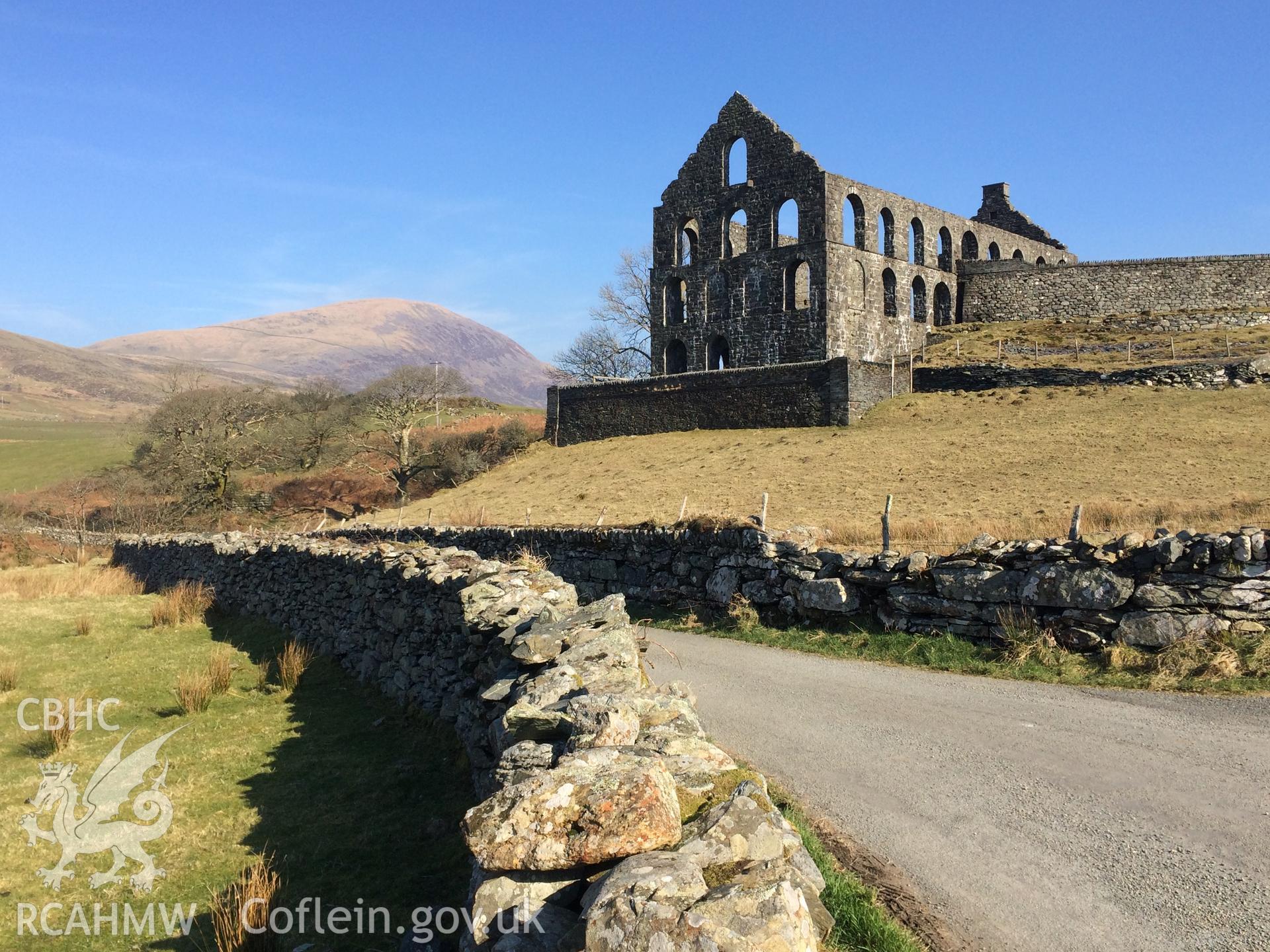 Photo showing view of Cwm Ystradllyn slate mill, taken by Paul R. Davis, February 2018.