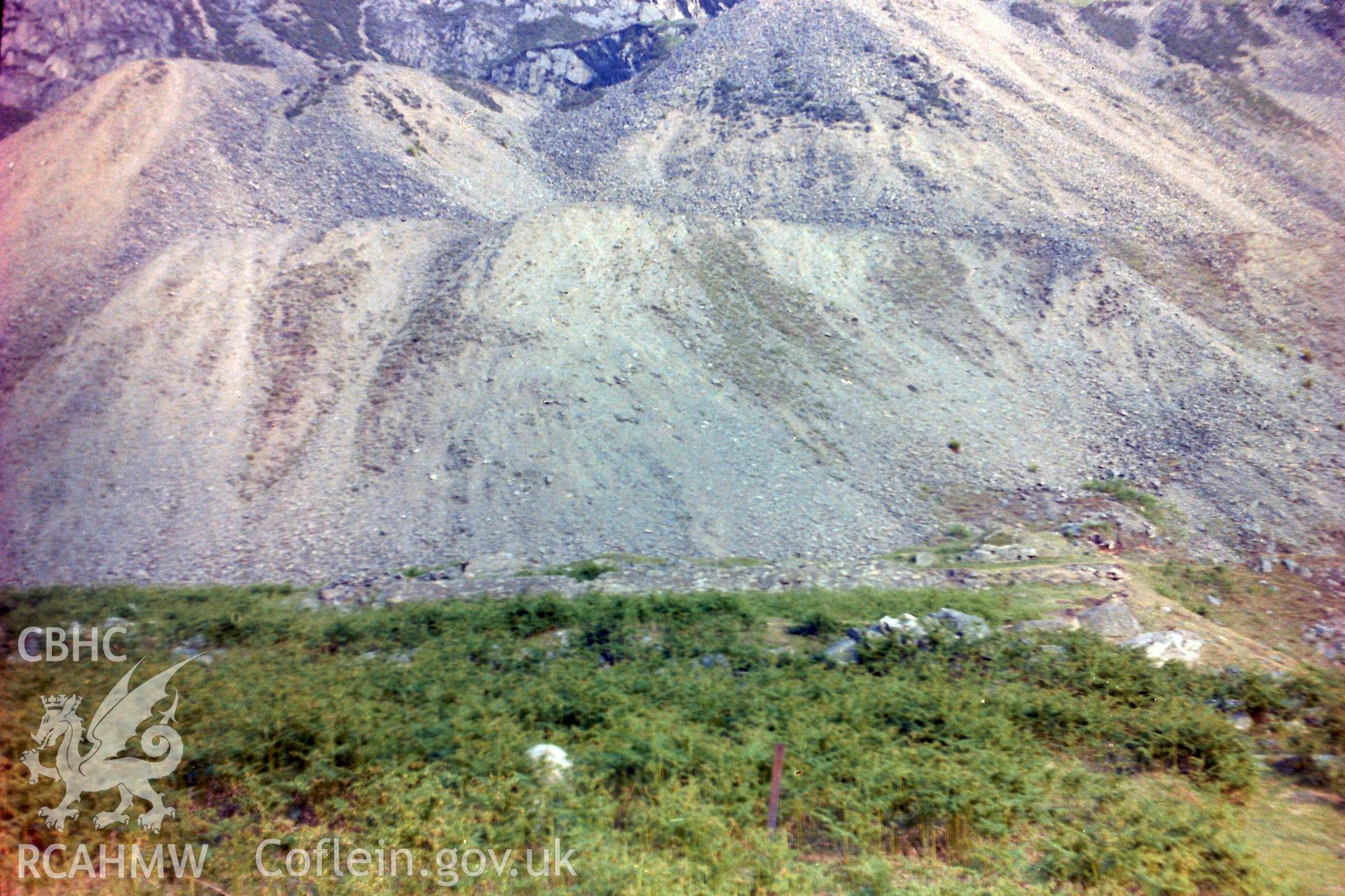 Digitised colour photograph of Porth-y-Nant stone quarry. Produced during a Bachelor of Architecture dissertation: 'The Form & Architecture of Nineteenth Century Industrial Settlements in Rural Wales' by Martin Davies, 1979.