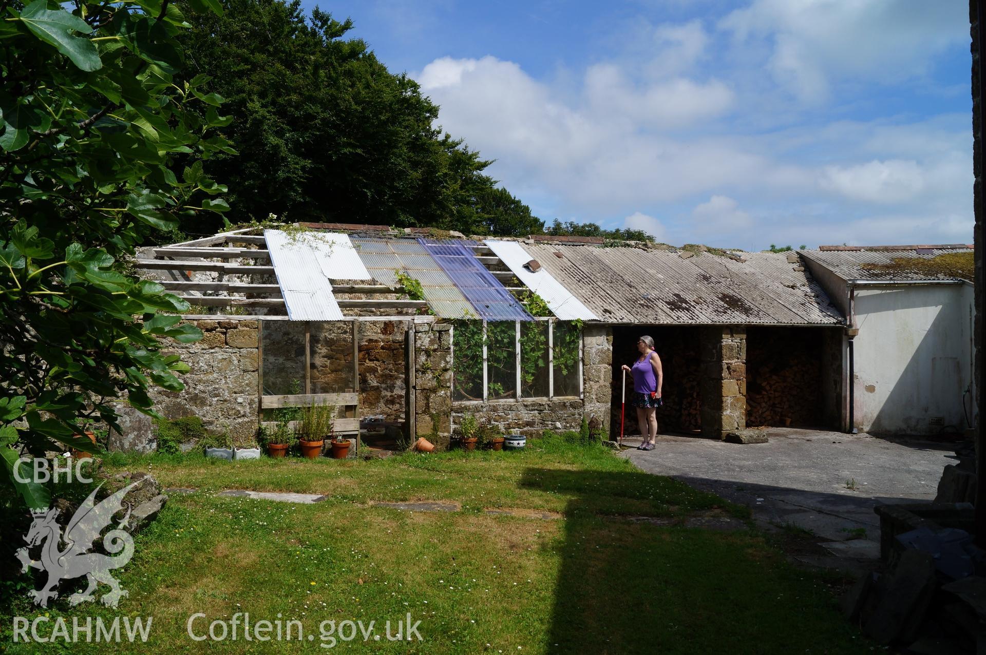 View 'looking east at the single storey garden buildings to north of main part of Robeston House'. Photograph and description by Jenny Hall and Paul Sambrook of Trysor, 22nd June 2017.