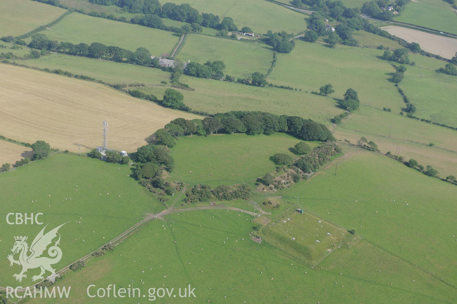 Hen Gaer hillfort, east of Bow Street, Aberystwyth. Oblique aerial photograph taken during the Royal Commission?s programme of archaeological aerial reconnaissance by Toby Driver on 12th July 2013.