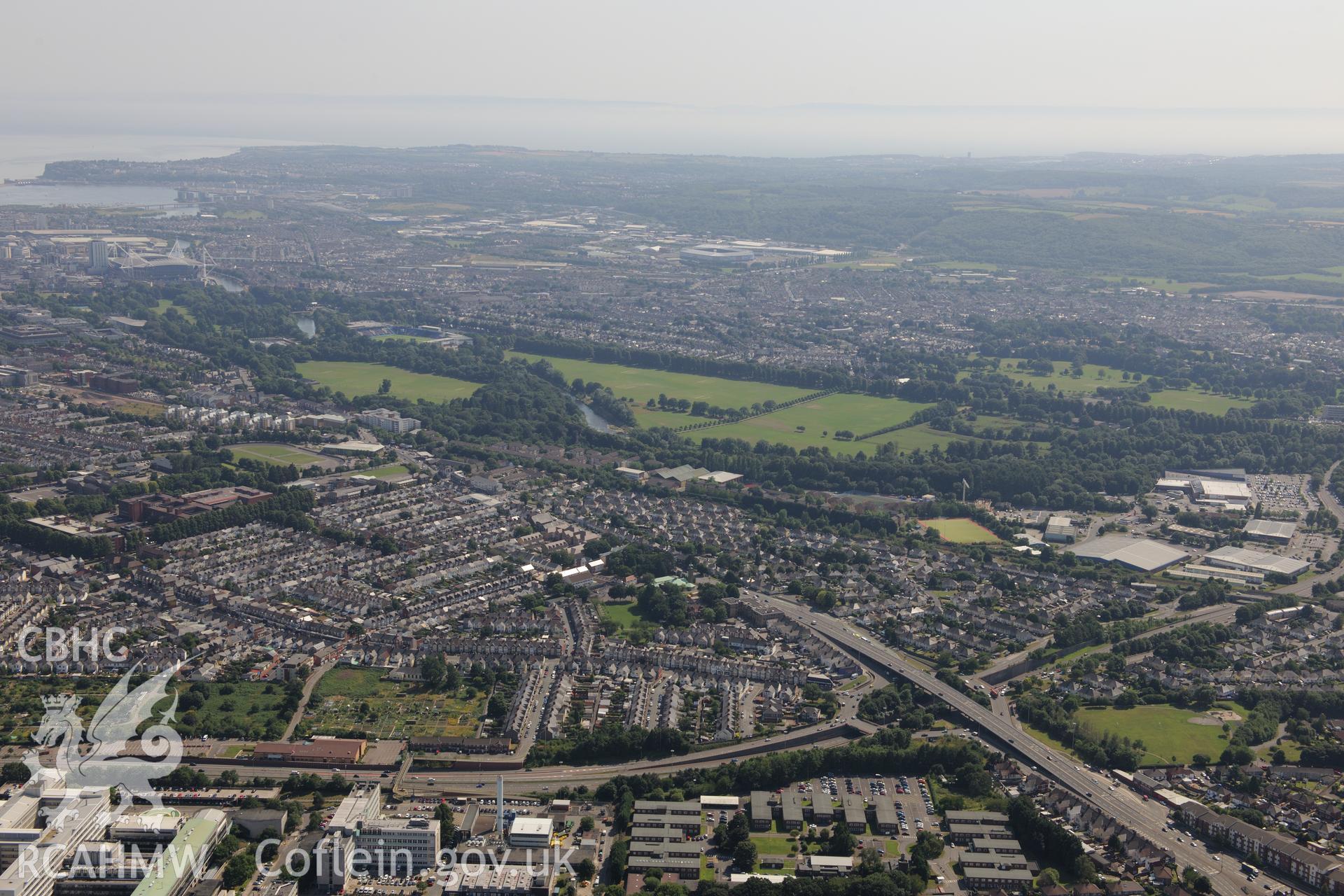 Pontcanna Fields and Cardiff Sports Ground, Cardiff. Oblique aerial photograph taken during the Royal Commission?s programme of archaeological aerial reconnaissance by Toby Driver on 1st August 2013.