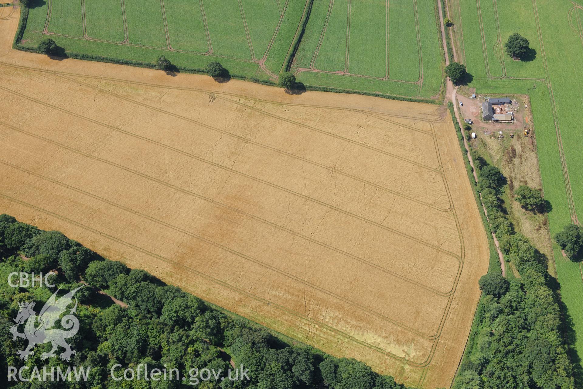 Little Hadnock Roman site, near the Wales-England border, north east of Monmouth. Oblique aerial photograph taken during the Royal Commission?s programme of archaeological aerial reconnaissance by Toby Driver on 1st August 2013.