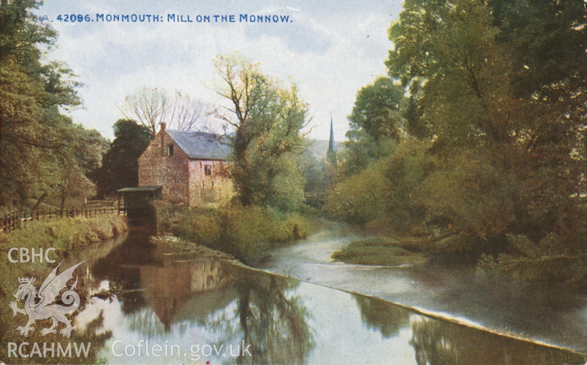 Digital copy of a postcard from the Dave Davies Collection showing a view of Monnow Mill.