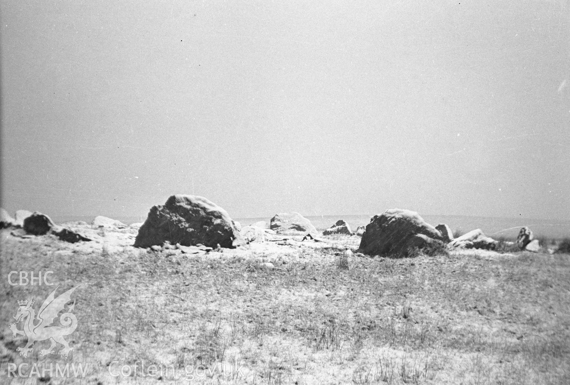 Digital copy of a nitrate negative showing view of Carn Flechart Stone Circle and Chambered Barrow.