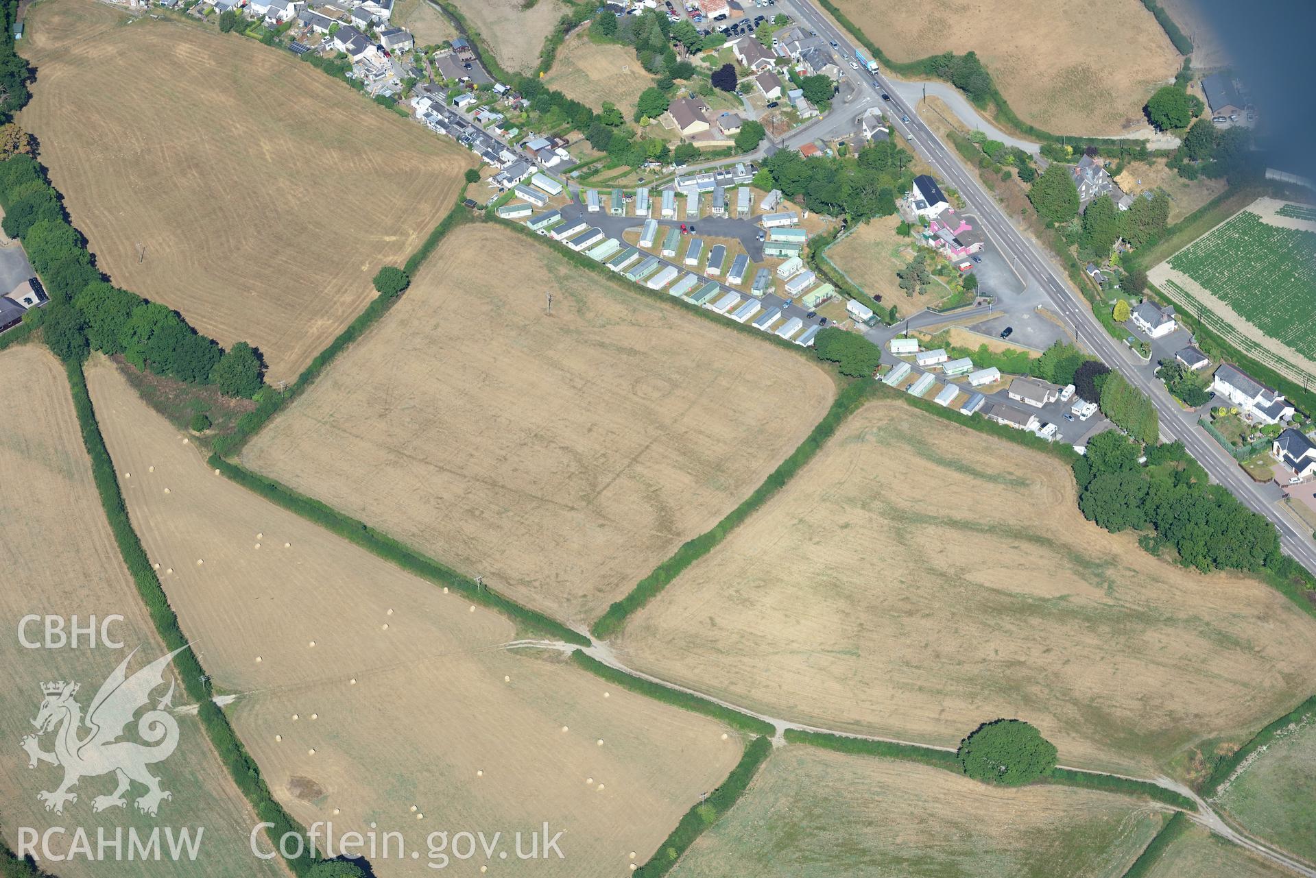 Royal Commission aerial photography of Dolypandy barrow cropmark taken on 19th July 2018 during the 2018 drought.