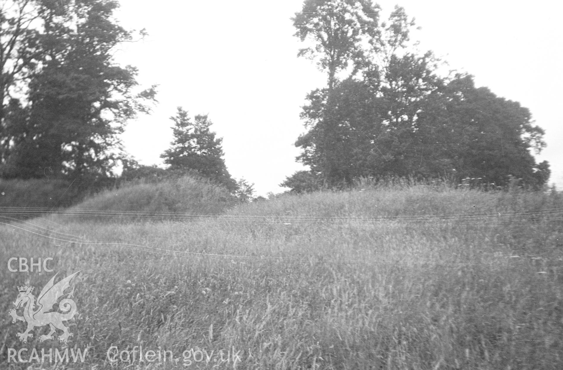 Digital copy of a black and white negative relating to The Berries Castle Mound. From the Cadw Monuments in Care Collection.