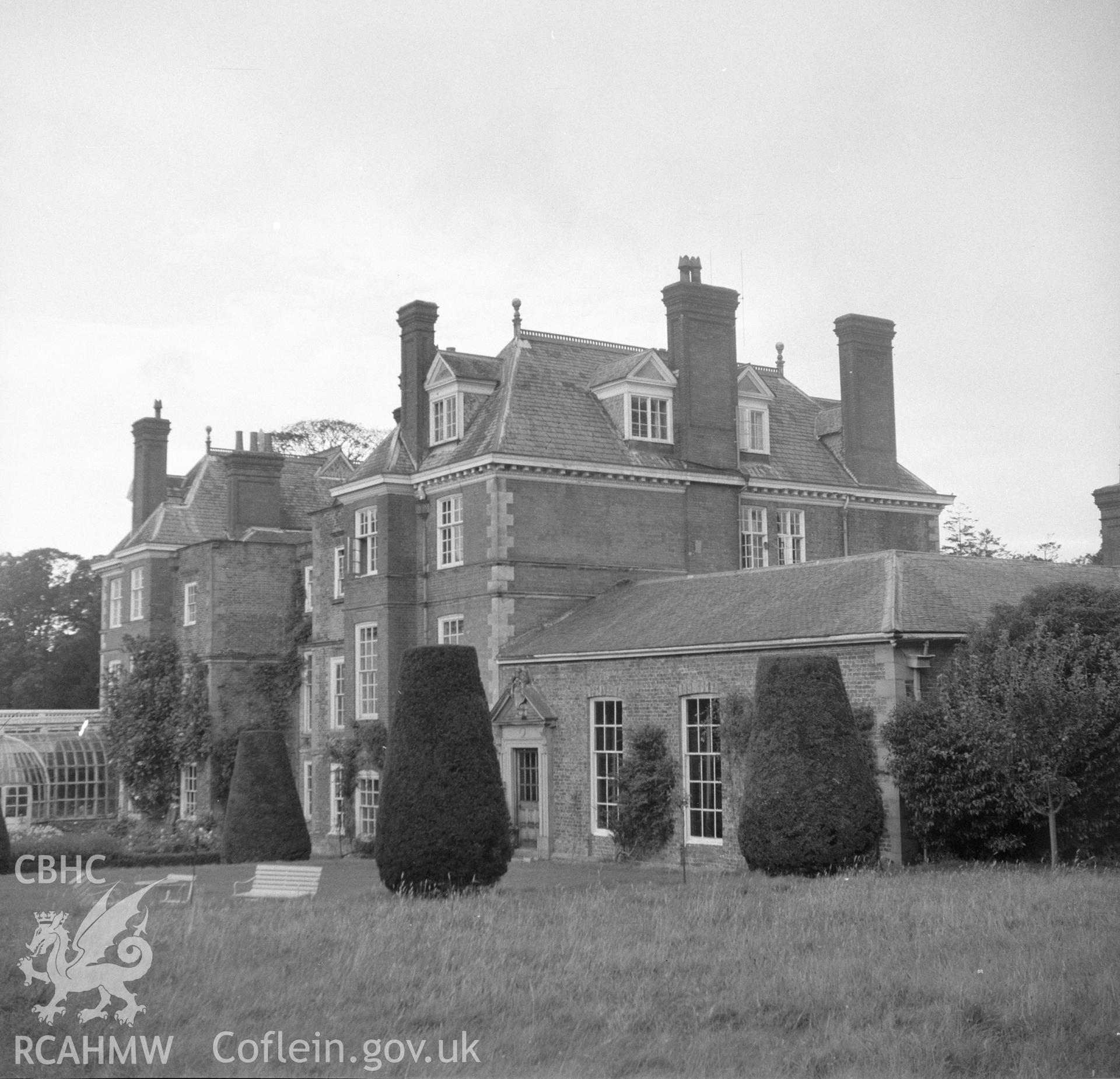 Digital copy of an undated nitrate negative showing view of Bodrhyddan Hall and gardens, Rhuddlan, Flintshire.