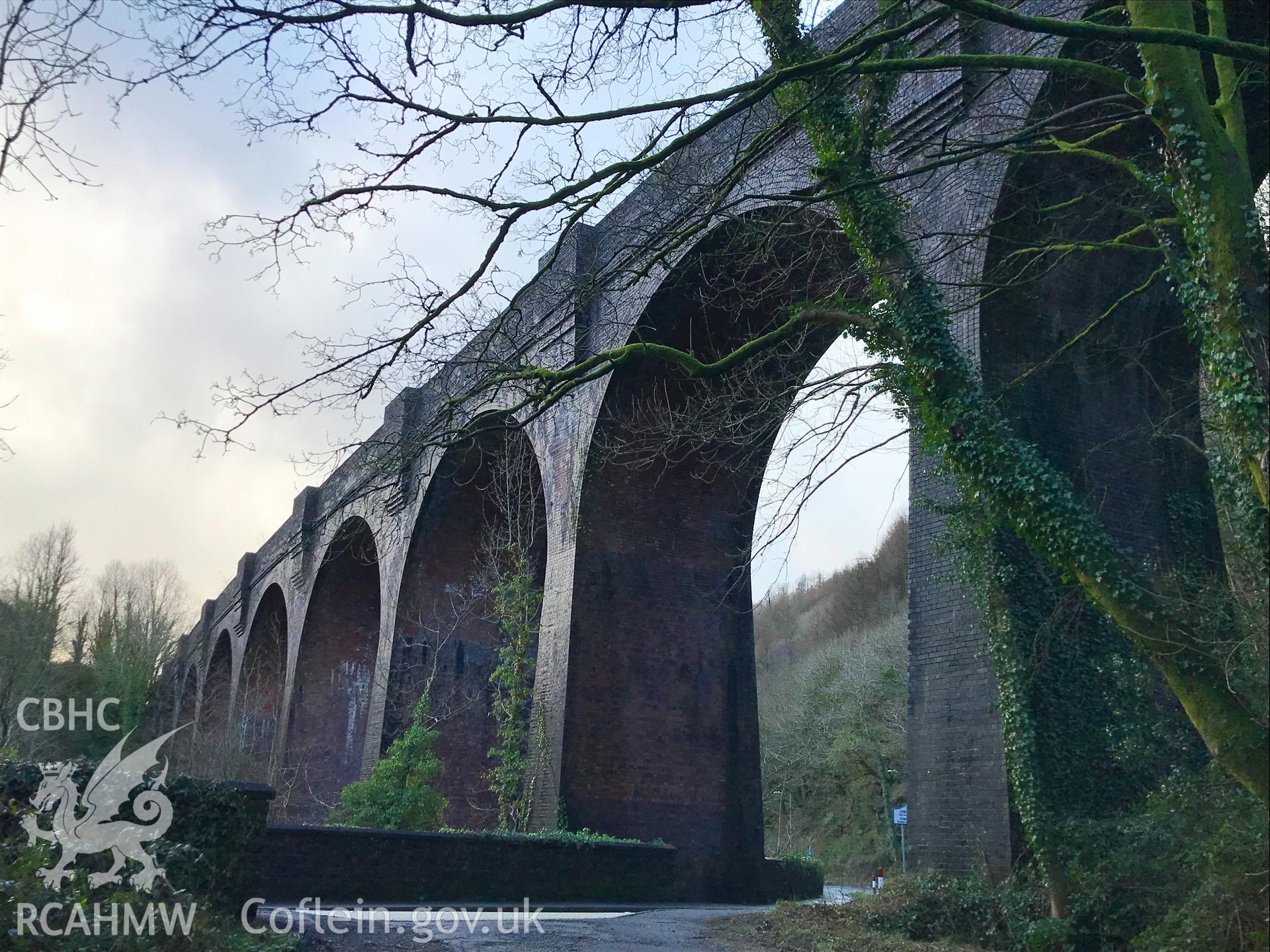 Digital colour photograph showing Pontrhydyfen railway viaduct, Cwmavon, taken by Paul Davis on 12th January 2020.