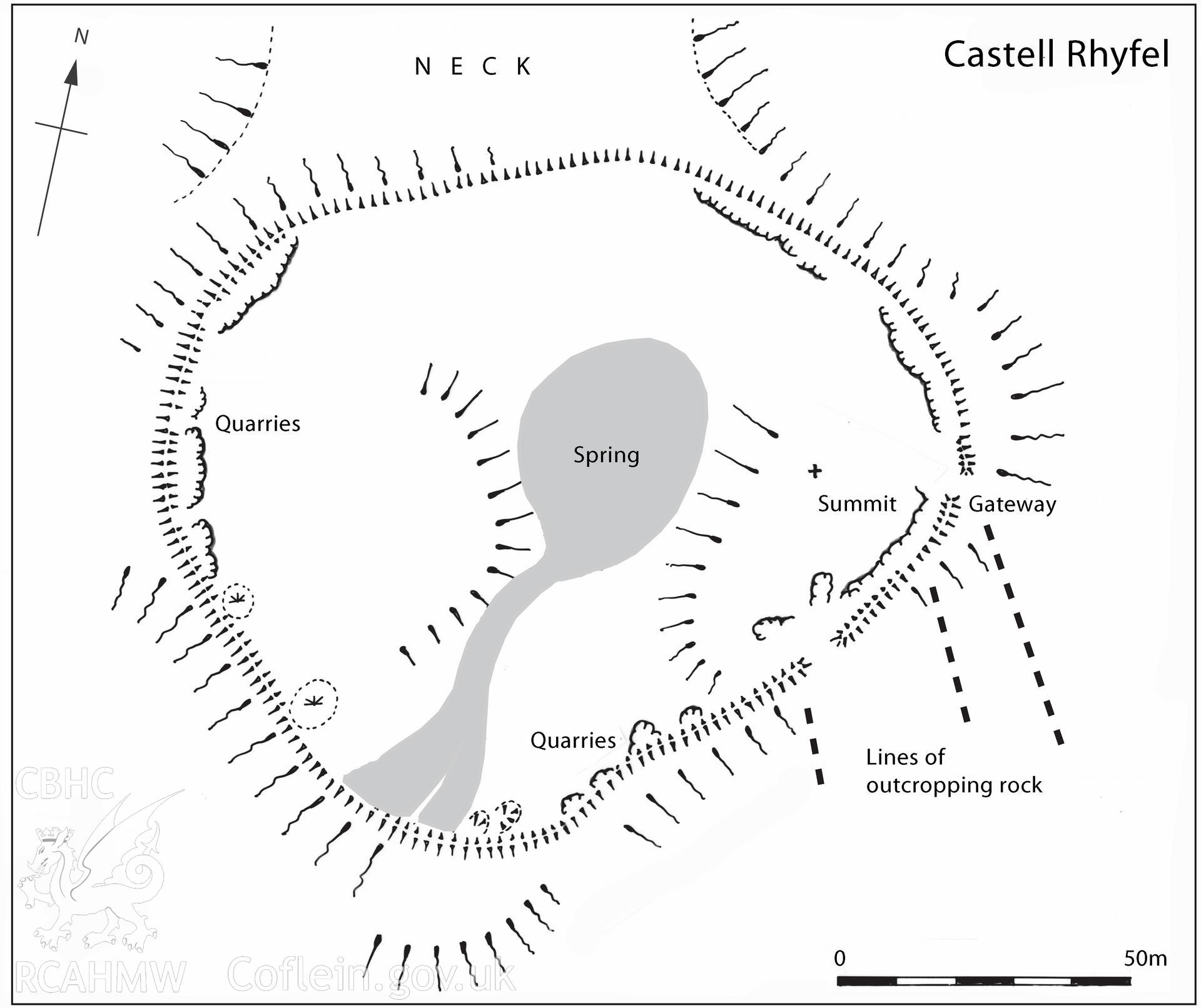 Castell Rhyfel; .tiff version of sketch plan of hillfort compiled by the author. Note the cntral hollow and spring, and the natural chevaux de frise caused by lines of upright outcropping rocks to the east. Figure 7.16, The Hillforts of Cardigan Bay, Toby Driver.