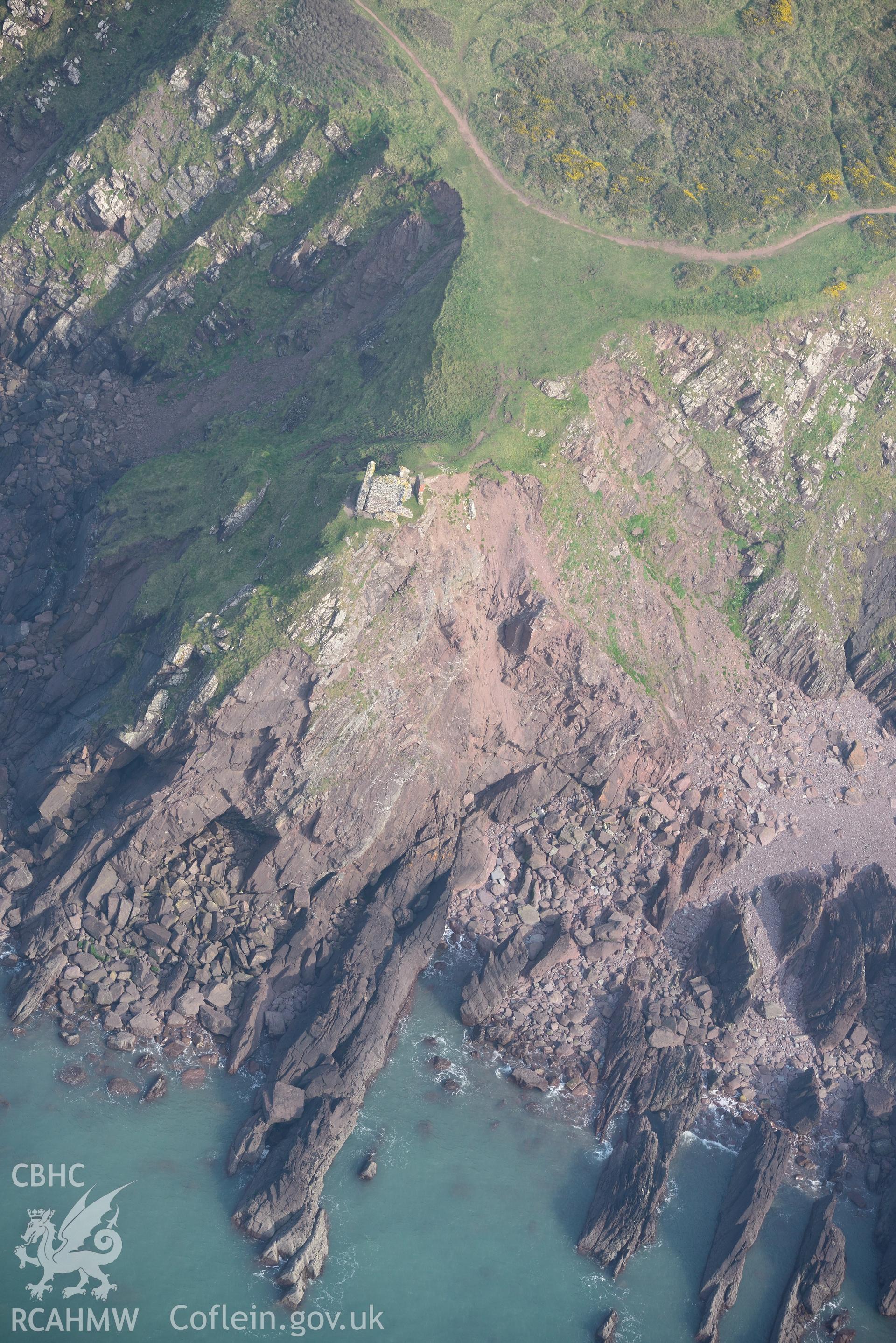 Aerial photography of East Blockhouse taken on 27th March 2017. Baseline aerial reconnaissance survey for the CHERISH Project. ? Crown: CHERISH PROJECT 2019. Produced with EU funds through the Ireland Wales Co-operation Programme 2014-2020. All material made freely available through the Open Government Licence.