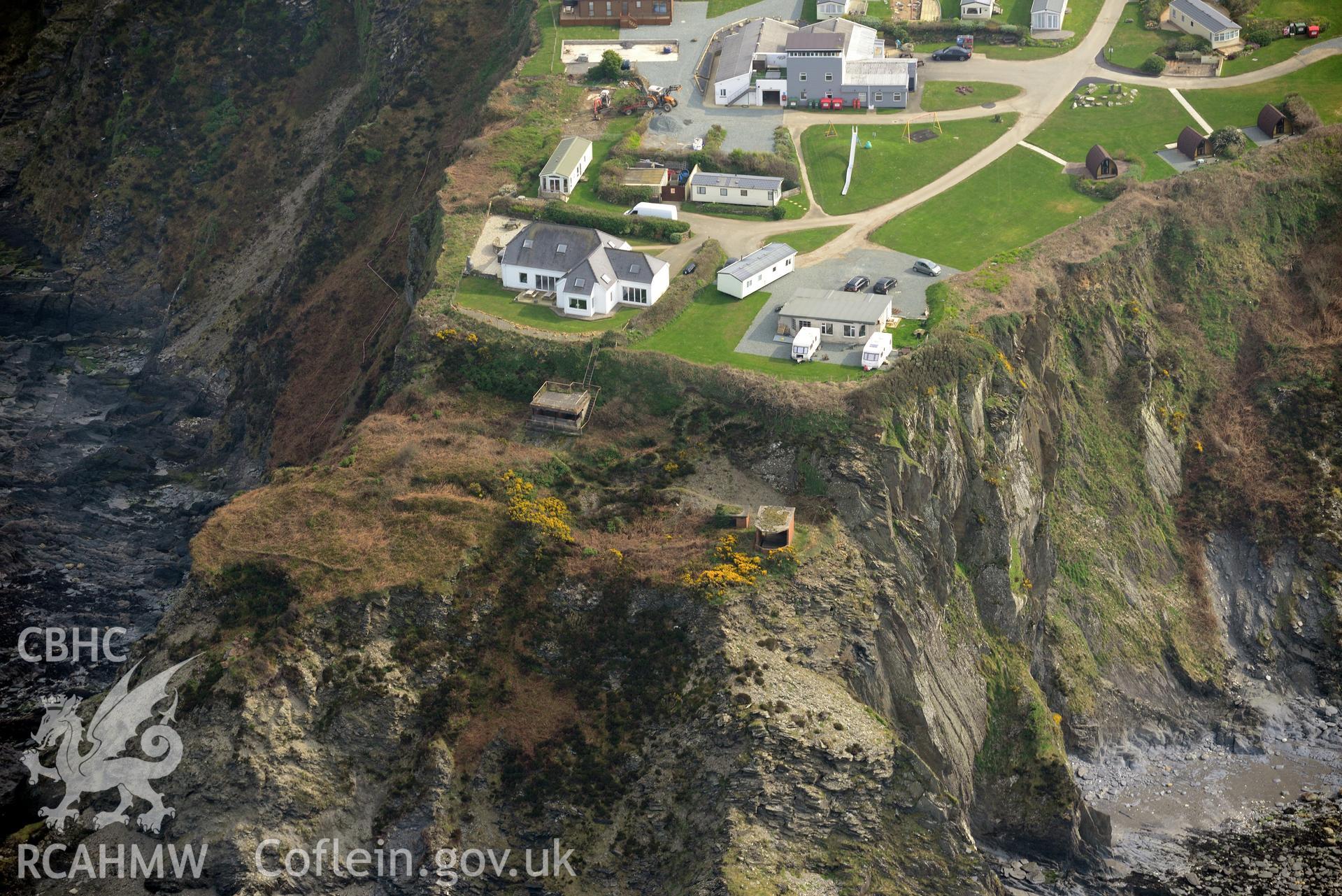 Royal Commission aerial photograph of Fishguard Battery taken on 27th March 2017. Baseline aerial reconnaissance survey for the CHERISH Project. ? Crown: CHERISH PROJECT 2017. Produced with EU funds through the Ireland Wales Co-operation Programme 2014-2020. All material made freely available through the Open Government Licence.