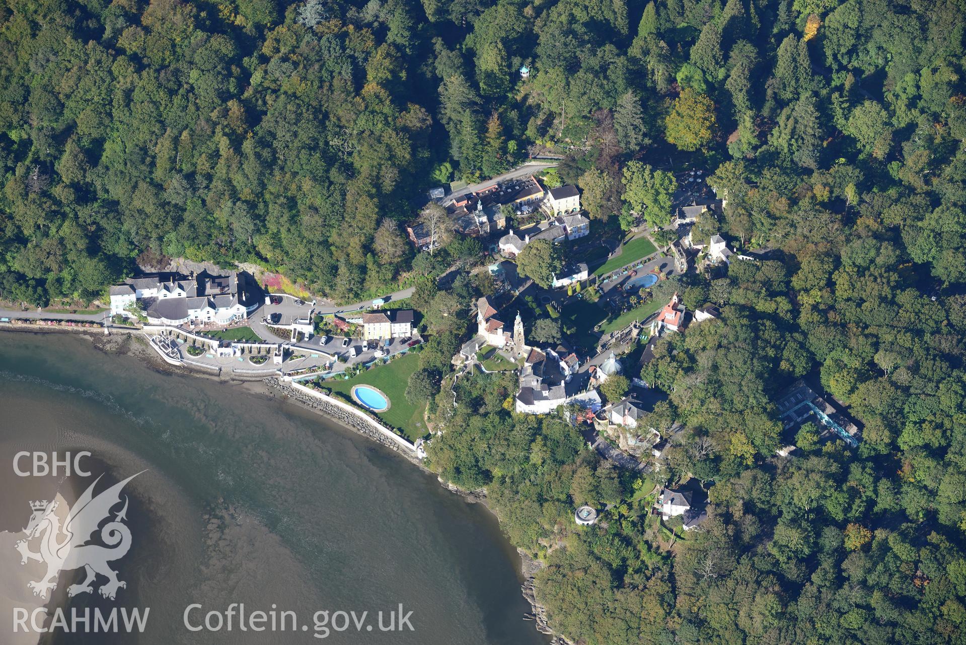 Aber Ia Mansion, now the Portmeirion Hotel, Portmeirion, south of Porthmadog. Oblique aerial photograph taken during the Royal Commission's programme of archaeological aerial reconnaissance by Toby Driver on 2nd October 2015.