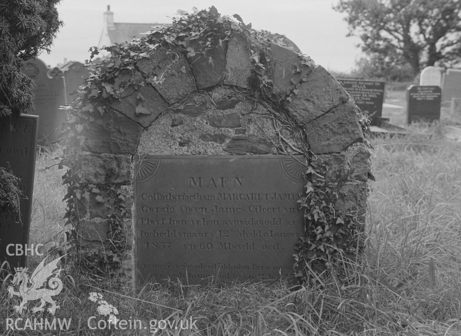 Digital copy of a black and white negative showing 1837 gravestone to the memory of Margaret James, Cilcert, at St. David's Church, Henfynyw, Aberaeron. Photographed by Arthur O. Chater in September 1966.