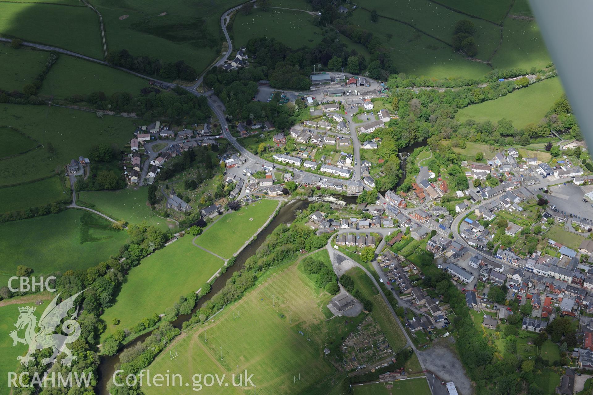 Rhayader town. Oblique aerial photograph taken during the Royal Commission's programme of archaeological aerial reconnaissance by Toby Driver on 3rd June 2015.