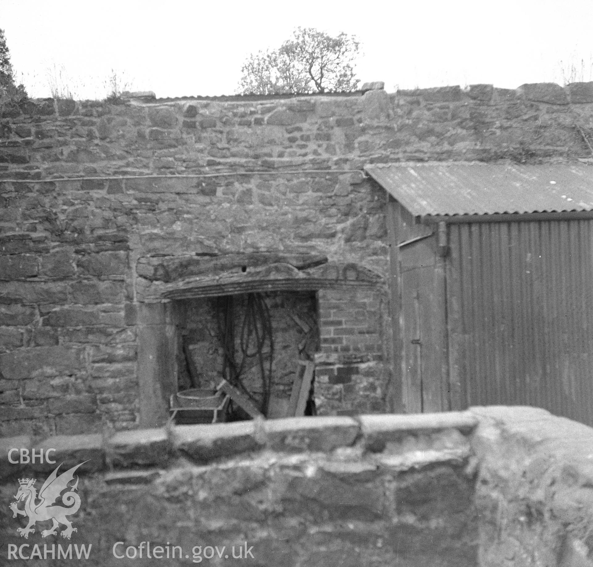 Digital copy of a nitrate negative showing detail view of outbuilding at Plas Cadwgan, Denbighshire.