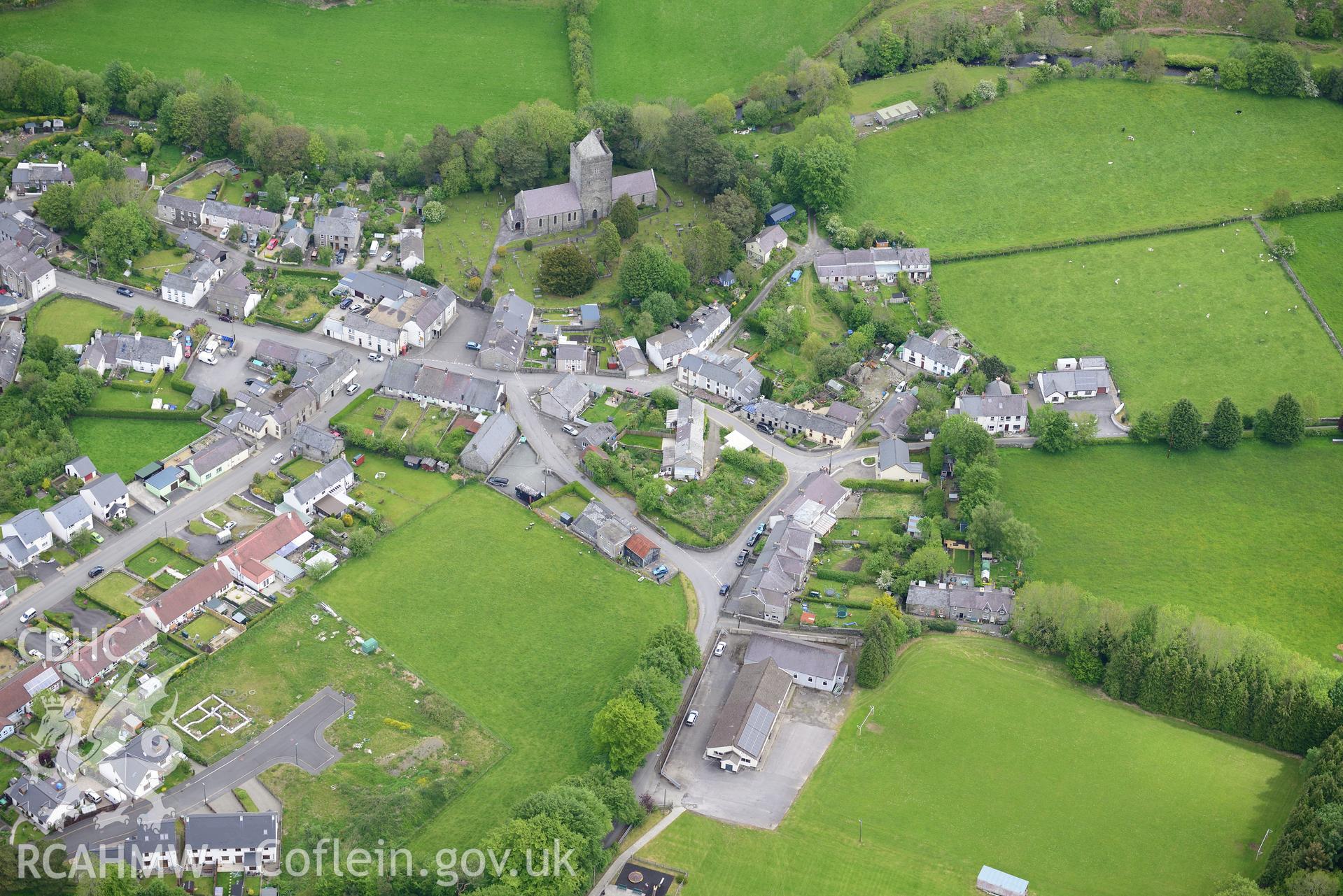 St. David's Church, Llanddewi Brefi. Oblique aerial photograph taken during the Royal Commission's programme of archaeological aerial reconnaissance by Toby Driver on 3rd June 2015.