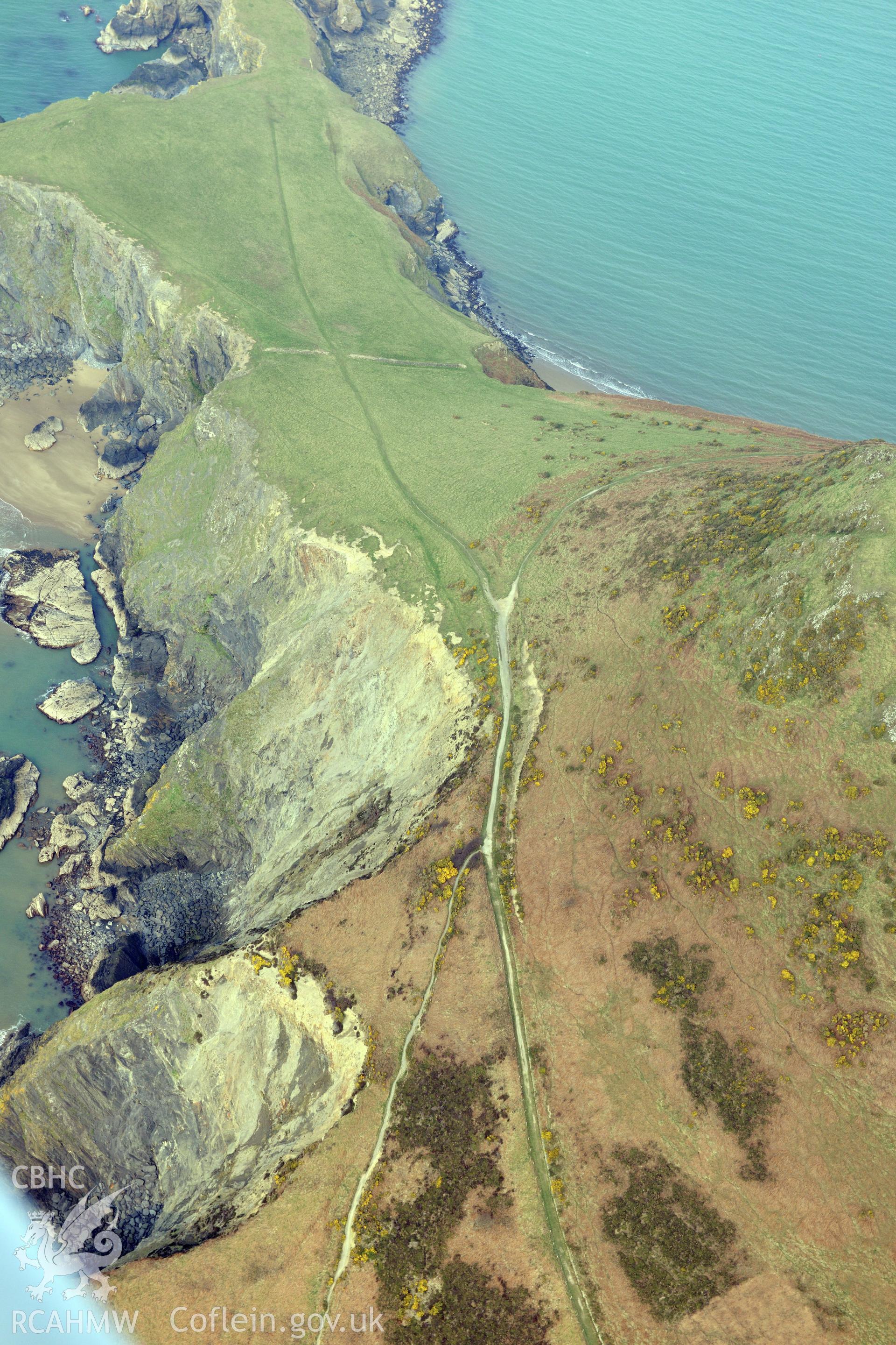 Aerial photography of Pen Dinas Lochtyn taken on 27th March 2017. Baseline aerial reconnaissance survey for the CHERISH Project. ? Crown: CHERISH PROJECT 2019. Produced with EU funds through the Ireland Wales Co-operation Programme 2014-2020. All material made freely available through the Open Government Licence.