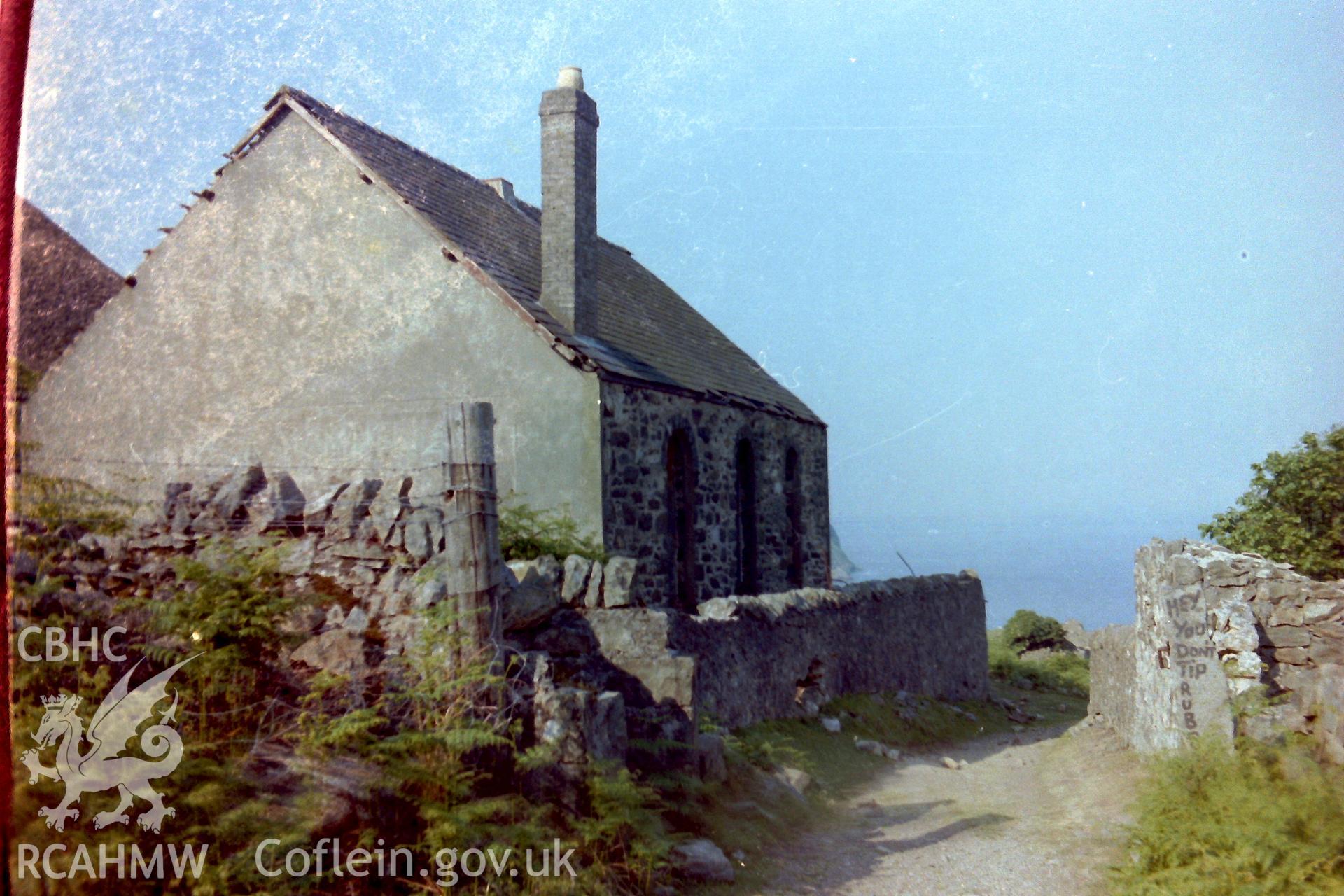 Digitised colour photograph of Seion Methodist chapel (viewed from east), Porth-y-Nant. Produced during a Bachelor of Architecture dissertation: 'The Form & Architecture of Nineteenth Century Industrial Settlements in Rural Wales' by Martin Davies, 1979.