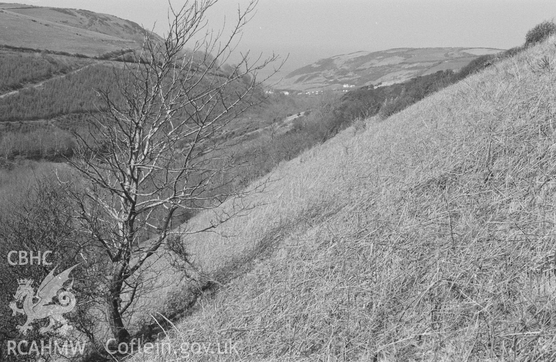 Digital copy of a black and white negative showing view looking don the Nant Fothau to Cwm Tydi, from near the Castell. Photographed by Arthur O. Chater in April 1968. (Looking north from Grid Reference SN 355 557)