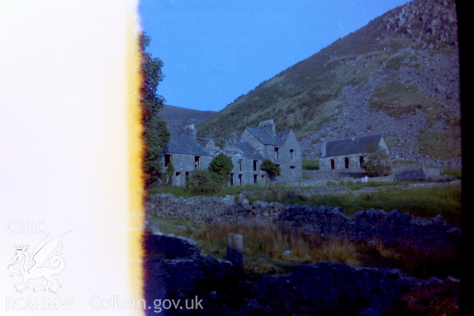 Digitised colour photograph showing front elevation of bakery, chapel & Sea View terrace at Porth-y-Nant. Produced for dissertation: 'The Form & Architecture of Nineteenth Century Industrial Settlements in Rural Wales' by Martin Davies, 1979.