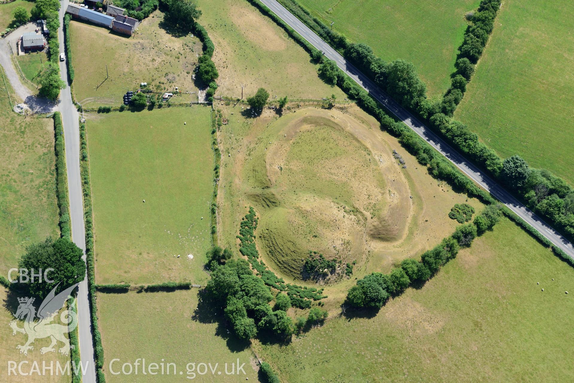 Royal Commission aerial photography of Tomen y Rhodwydd with parchmarks, taken on 19th July 2018 during the 2018 drought.