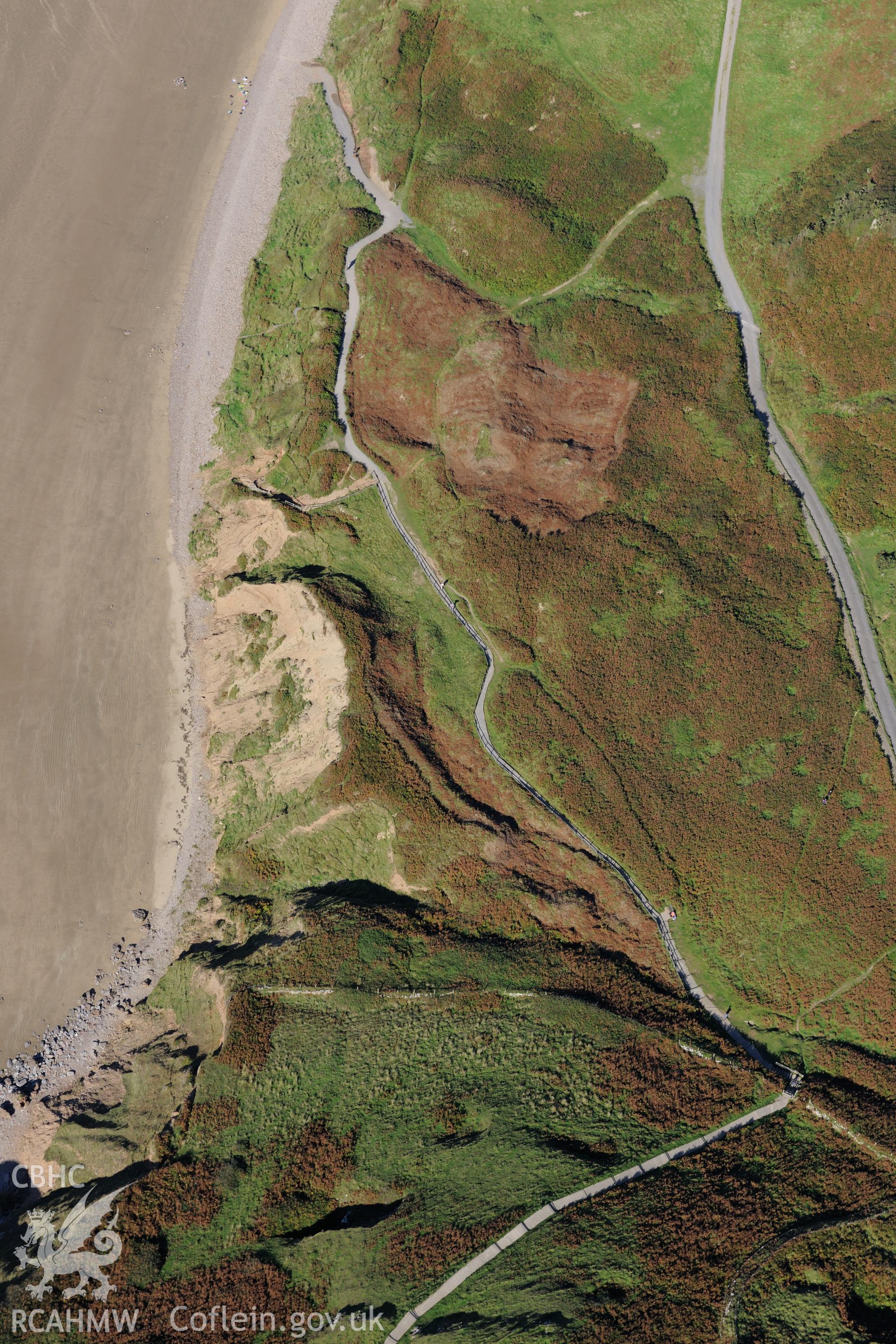 Rhossili Medieval Settlement, just above the sands at Rhosili Bay on the western edge of the Gower Peninsula. Oblique aerial photograph taken during the Royal Commission's programme of archaeological aerial reconnaissance by Toby Driver on 30th September 2015.