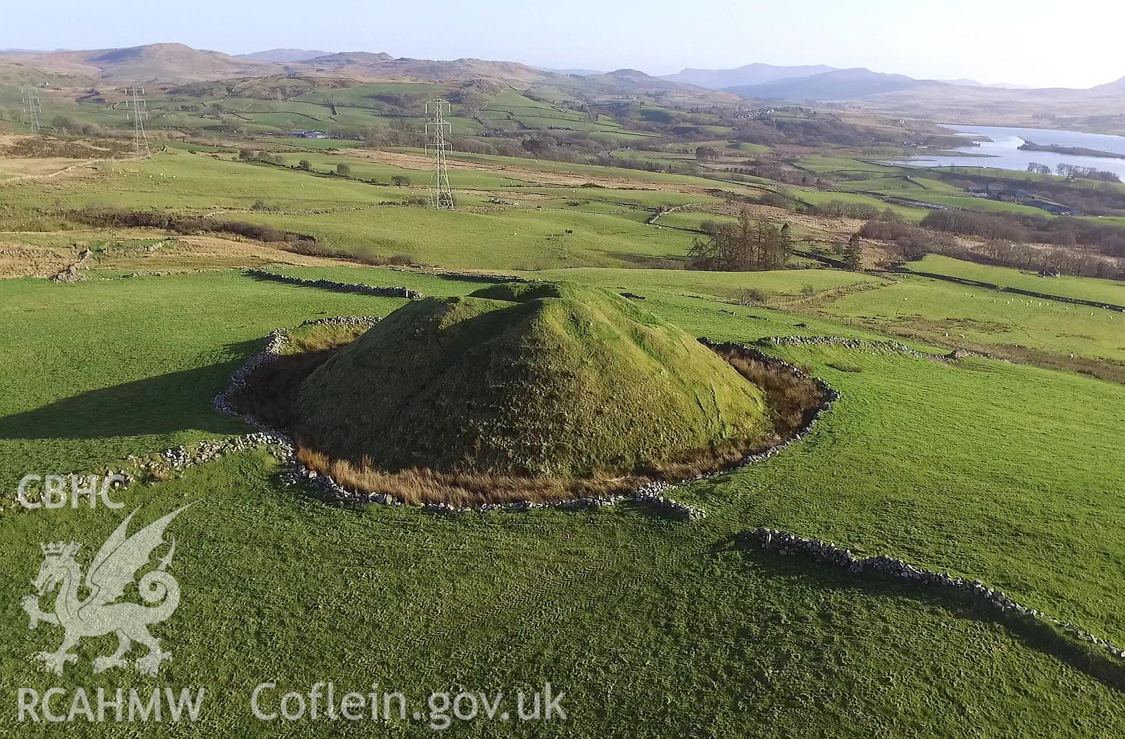 Aerial view from the north east of Tomen-y-Mur, Maentwrog. Colour photograph taken by Paul R. Davis on 15th April 2017.