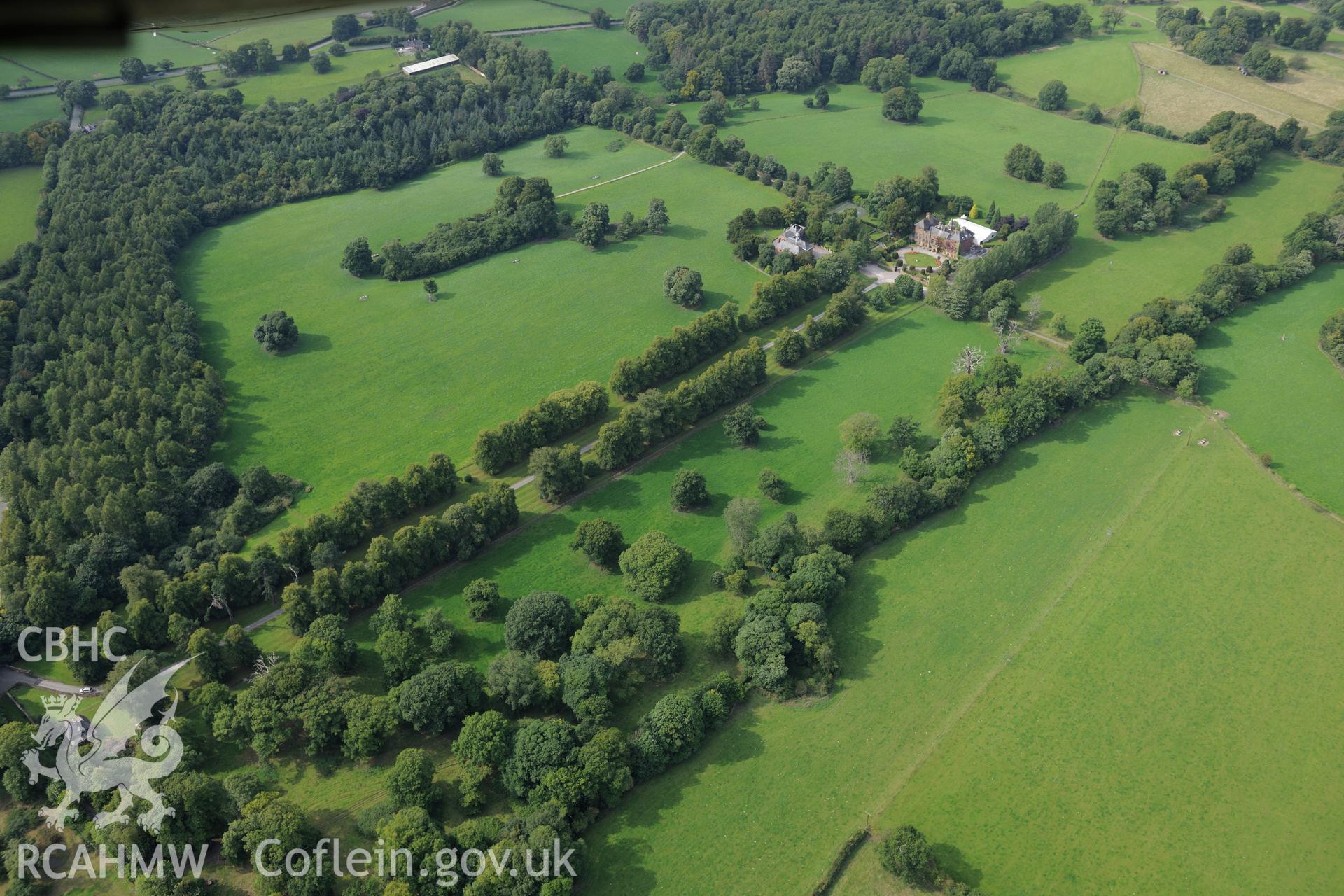 Soughton Hall and Garden, Soughton, near Mold. Oblique aerial photograph taken during the Royal Commission's programme of archaeological aerial reconnaissance by Toby Driver on 11th September 2015.