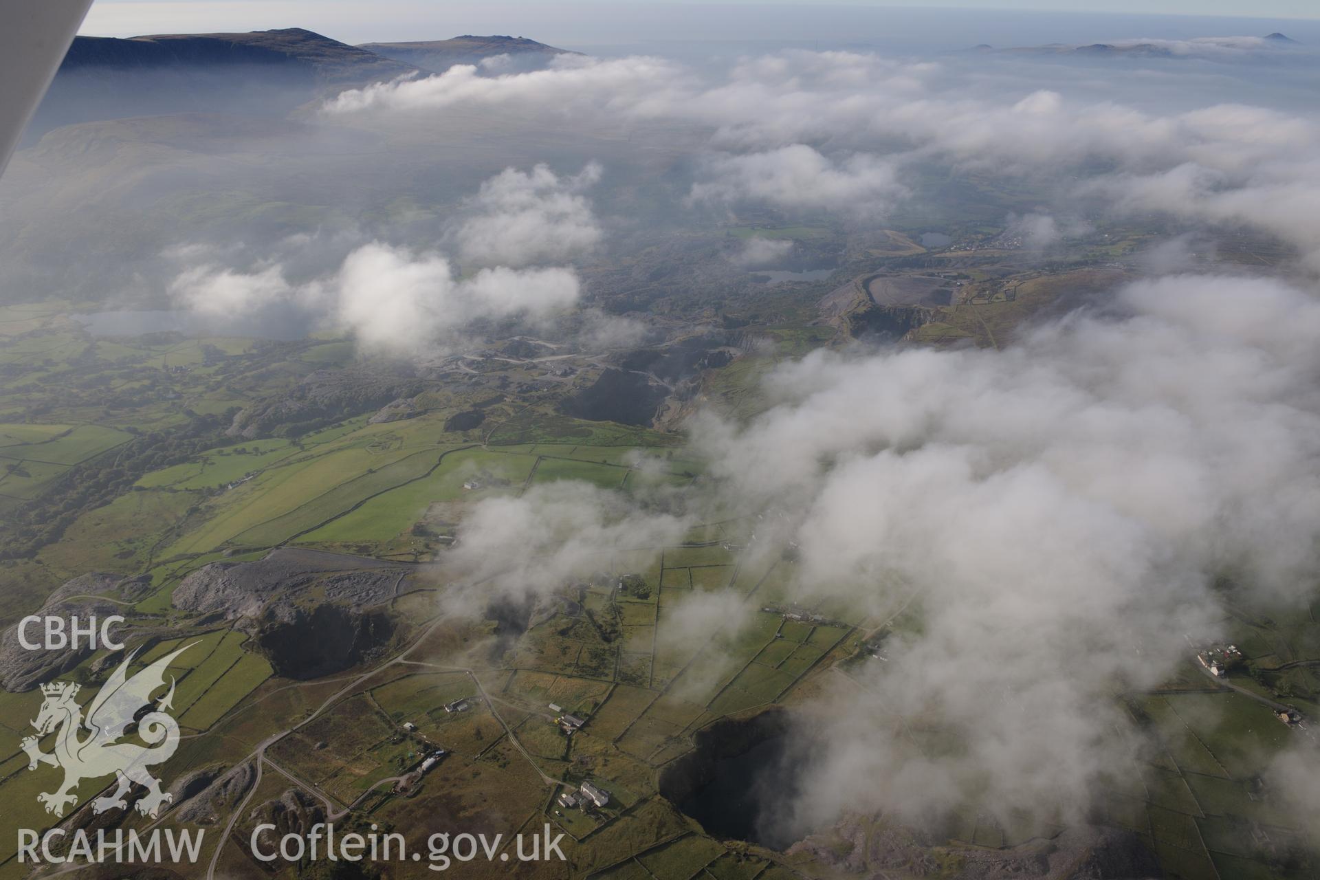 Braich Rhyd slate quarry and Fron slate quarry, north of Nantlle. Oblique aerial photograph taken during the Royal Commission's programme of archaeological aerial reconnaissance by Toby Driver on 2nd October 2015.