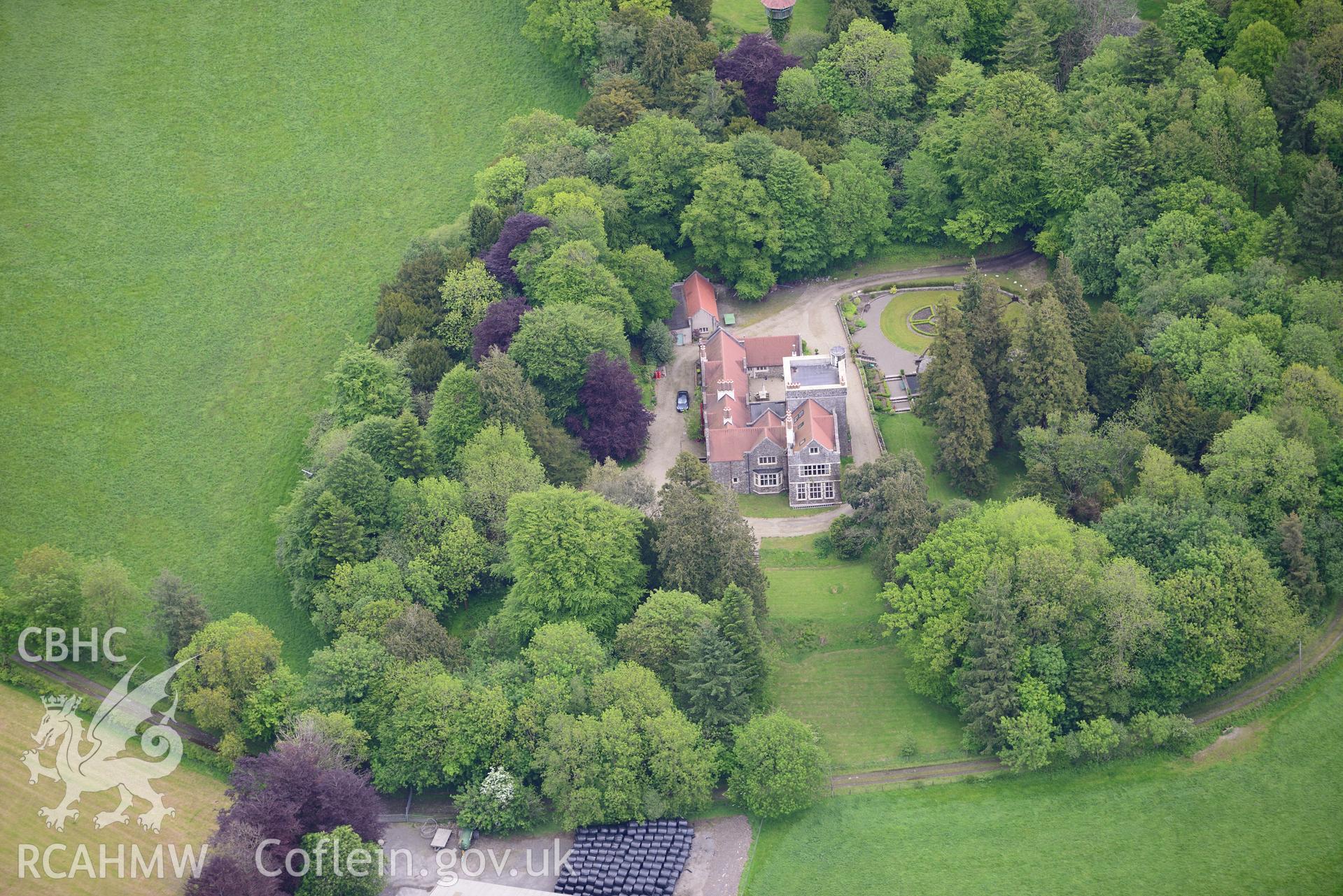 Maes-y-Crugiau Manor and Gardens, Llanllwni. Oblique aerial photograph taken during the Royal Commission's programme of archaeological aerial reconnaissance by Toby Driver on 3rd June 2015.